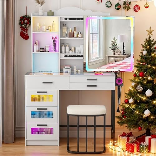 Miniatura 15 de Gurexl Escritorio RGB con espejo deslizante y luces LED, 7 dinámicos y 24 estáticos regulables con parte superior de cristal, tocador con estación