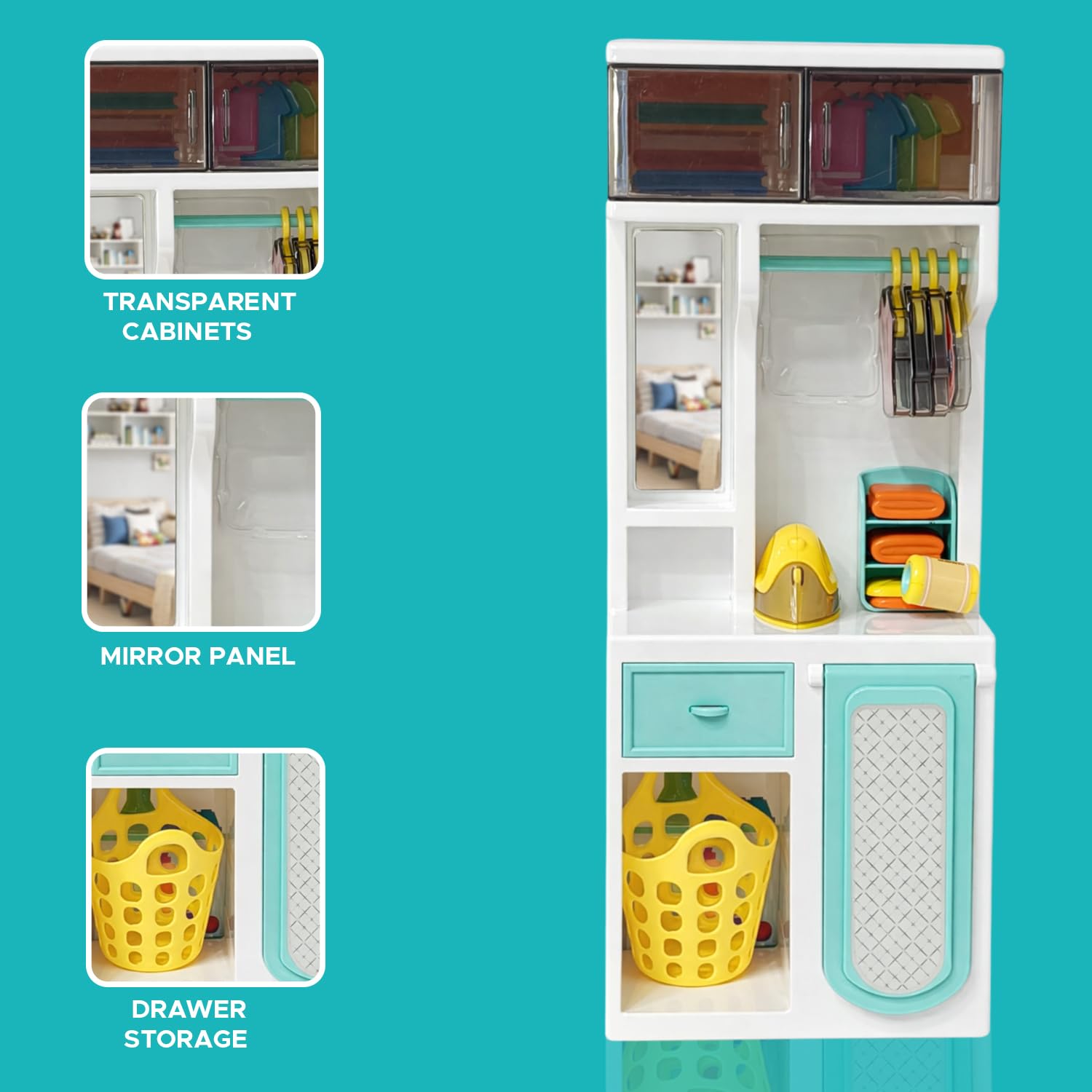 NHR Kids Toy Wardrobe and Laundry Pretend Playset – Mini Closet Storage Organizer, Iron, Hangers, Laundry Basket & Accessories – Pretend Play Dollhouse Furniture Gift for Kids Aged 3+