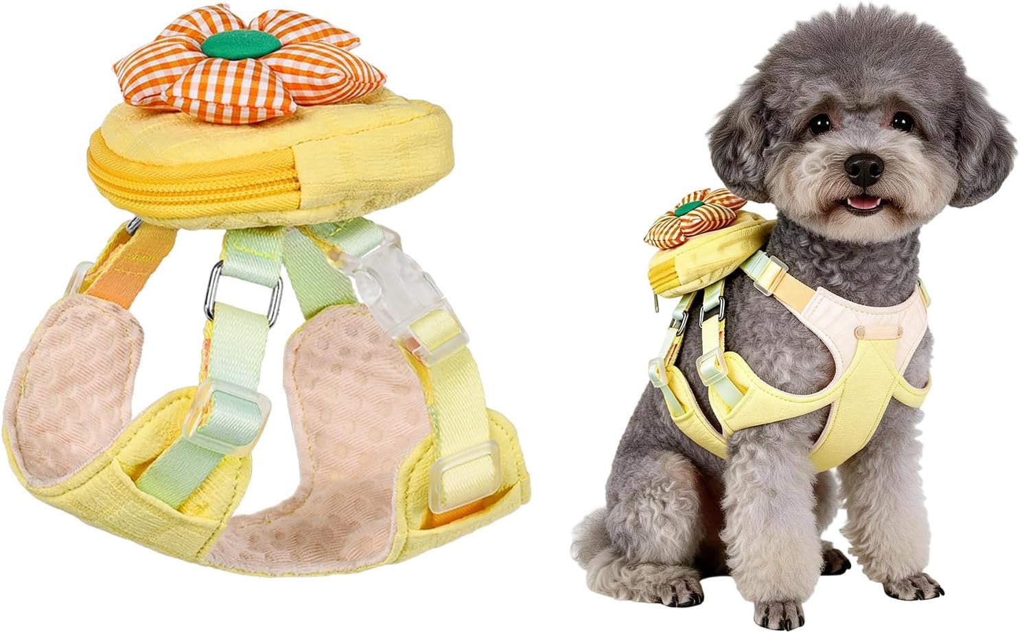 TOUCHDOG Harness with Backpack for Small Dogs, Breathable Mesh Padding, 3D Wrapping, No-Pull Anti-Choke, Reflective, Lightweight, Adjustable, Cream Color (Yellow, S)