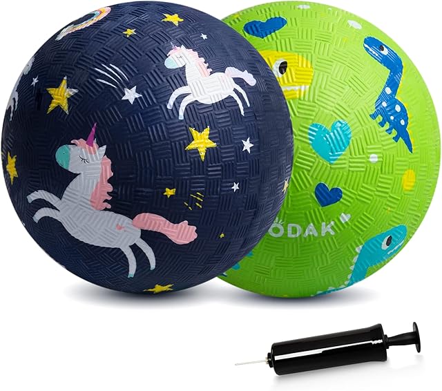 INPODAK Playground Balls, 5 Inches Rubber Ball for Toddler 1-3, 2 Pack Kickball, Garden Game, Mini Cartoon Sport Balls for Kids Boys Girls Blue Unicorn Green Dinosaur