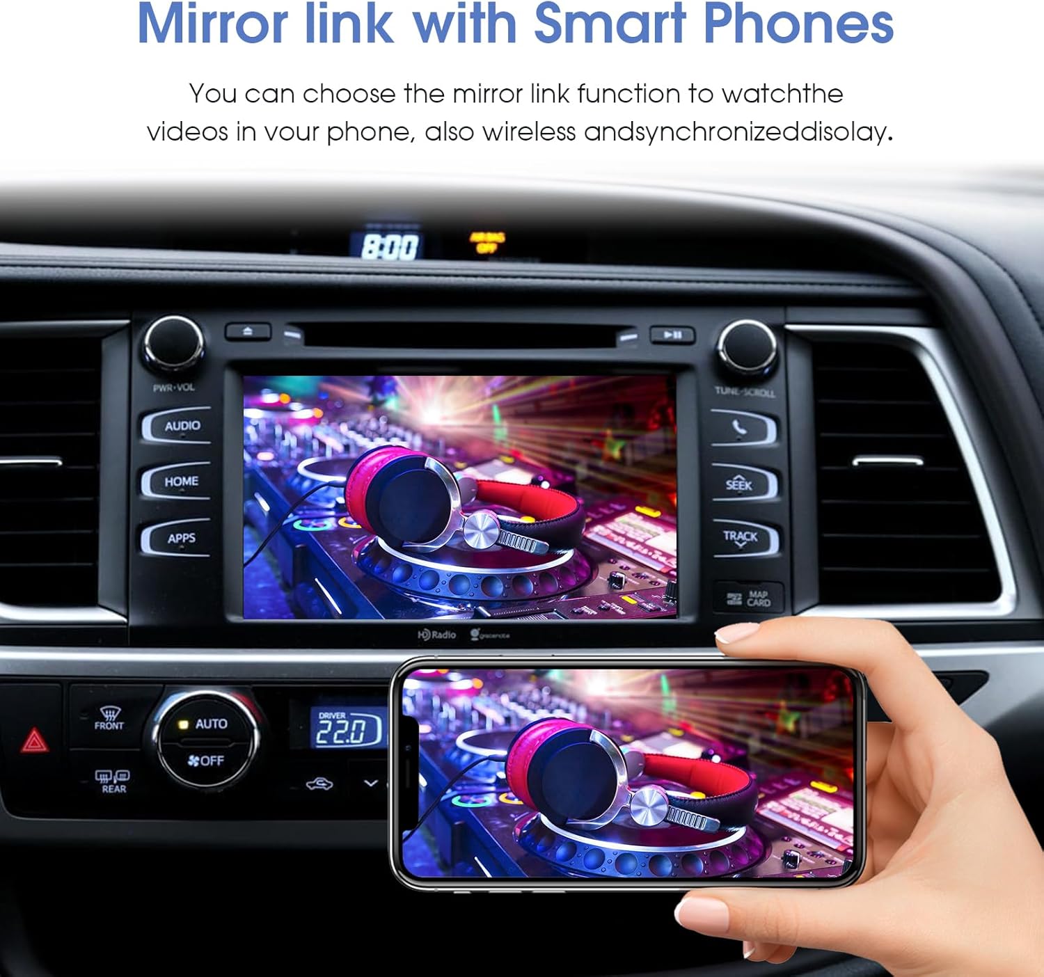 A smartphone mirroring its screen content (a video) onto the car's display via the Mirror Link function.