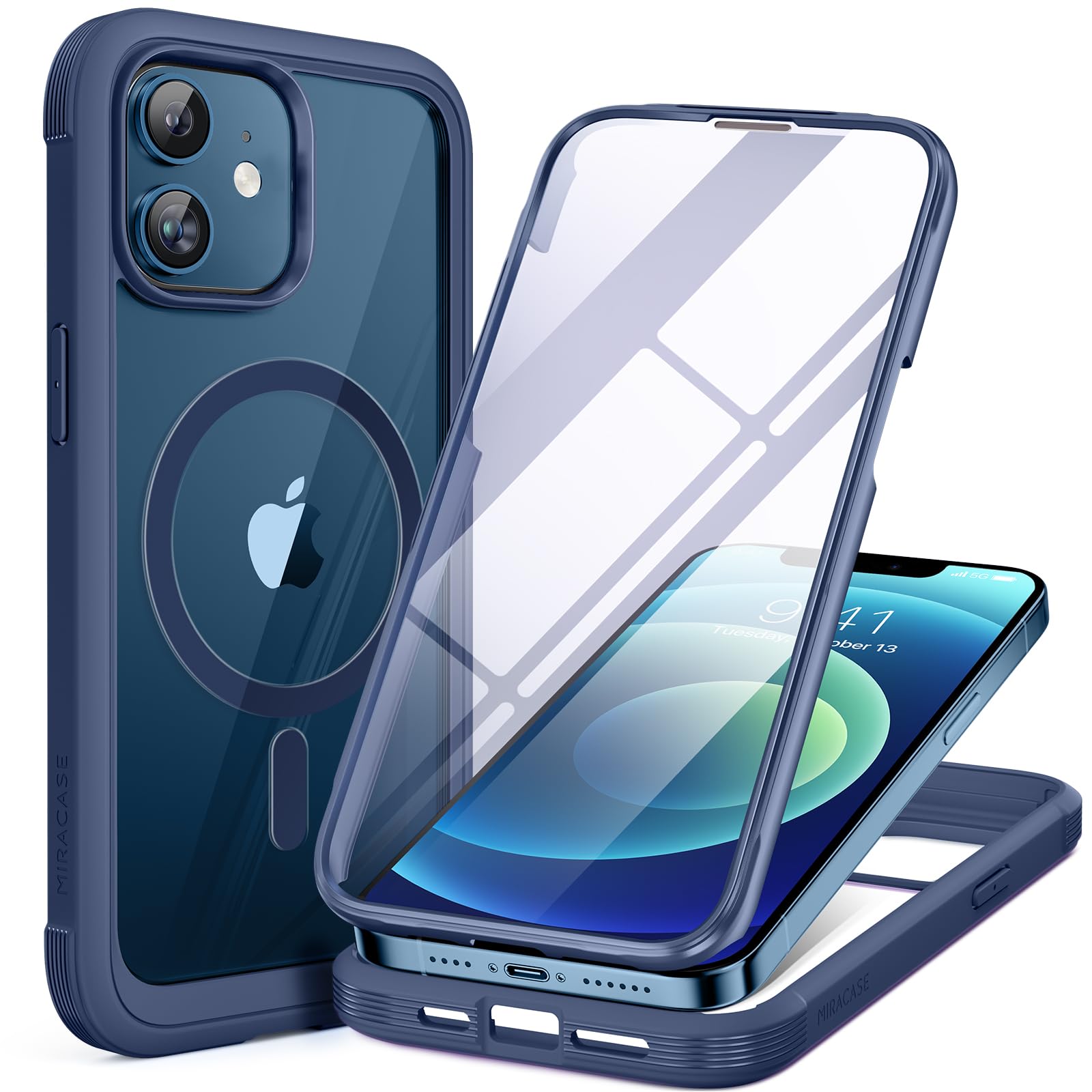Miracase Glass Series Designed for iPhone 12/12 Pro 6.1 Inch, Upgrade Full-Body Magnetic Case with Built-in 9H Tempered Glass Screen Protector, with Camera Lens Protector, Magnetic Blue