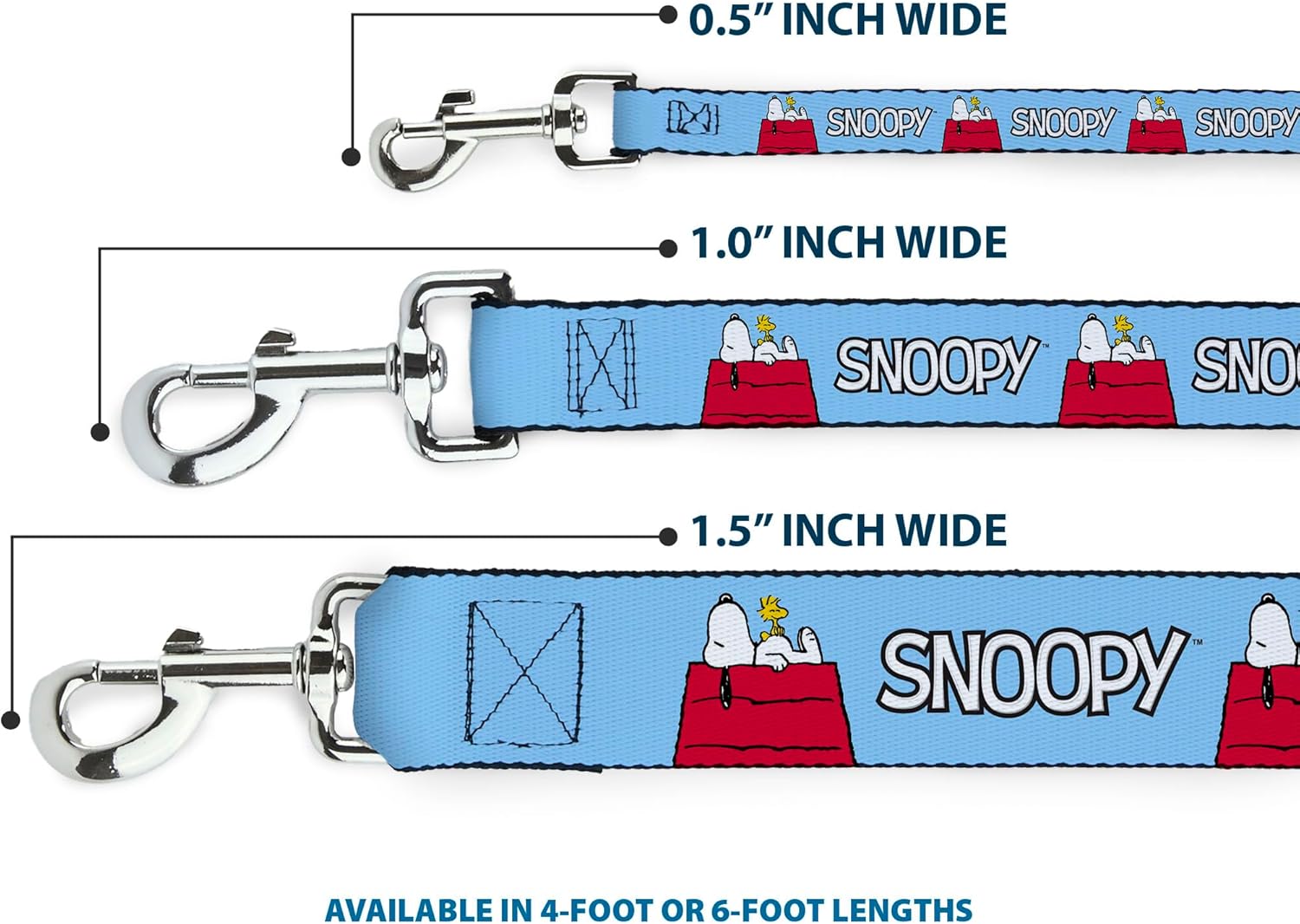 Peanuts Worldwide LLC Pet Leash, Dog Leash, Peanuts Snoopy and Woodstock Dog House Pose and Text Sky Blue, 6 Feet Long 1.5 Inch Wide
