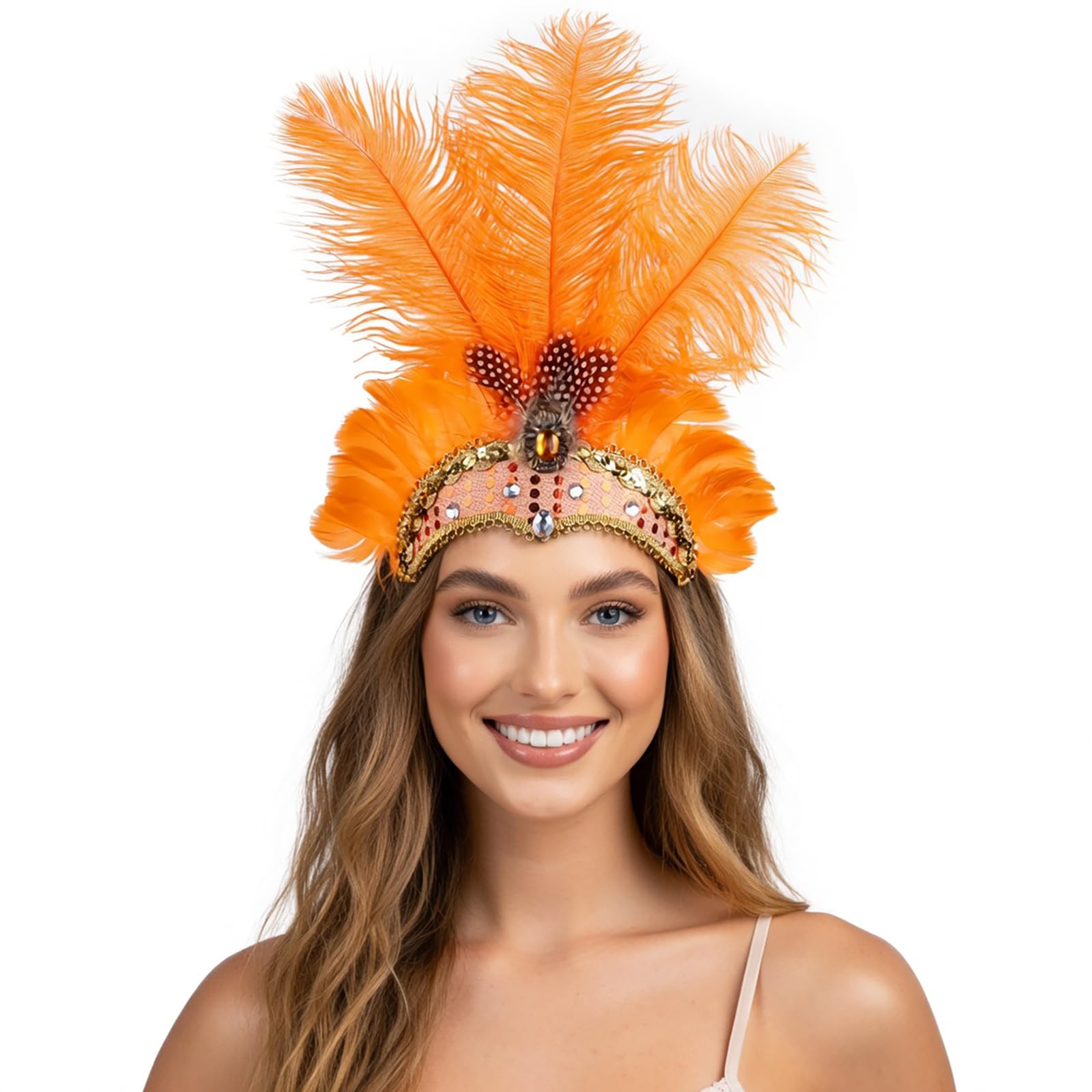 NUXMAW Showgirl Feather Headpiece Carnival Headband Vegas Costume Accessories Rio Mardi Gras Party (Orange)
