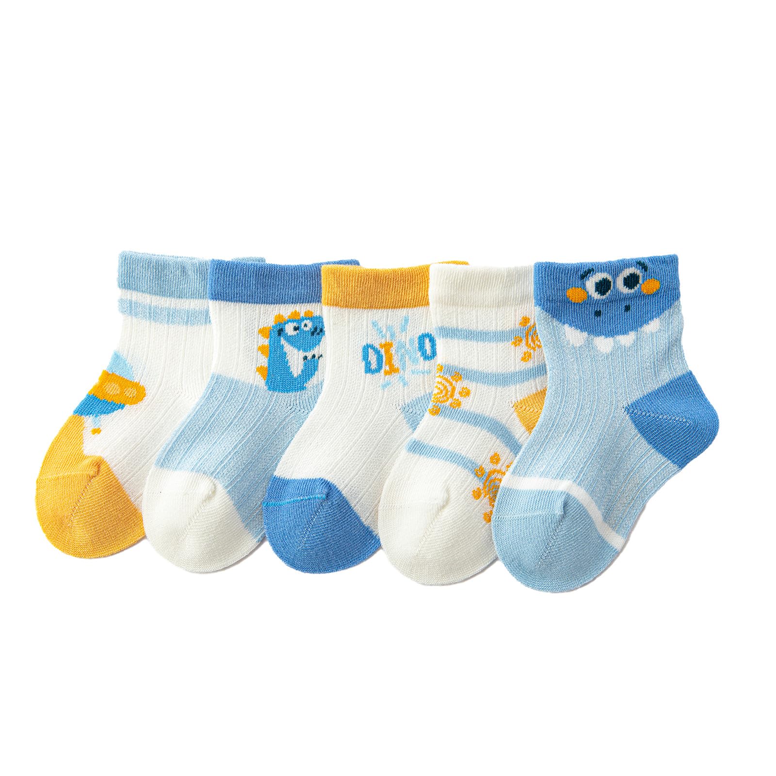 Bacnlip 5 Pairs Baby Girls Boys Crew Socks Soft Kinds Breathable Cotton Calf Sock Toddler Novelty Cute Animal Socks(Blue Dinosaur, XL/3-5 Years)