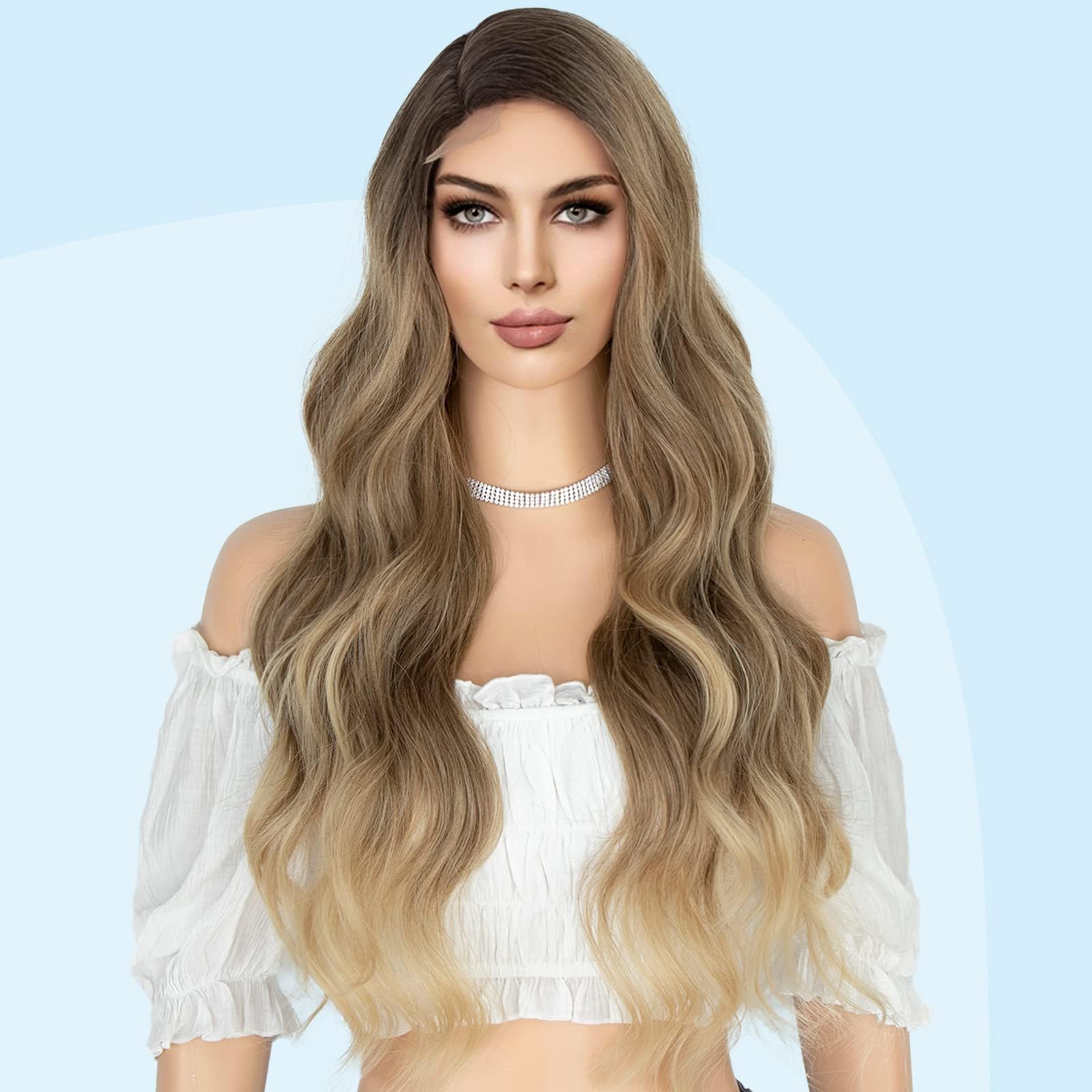 K'ryssmaLong Blonde Wig with Dark Roots Glueless Fashion Ombre Blond Wig Natural Looking Long Wavy Synthetic Wigs for Women