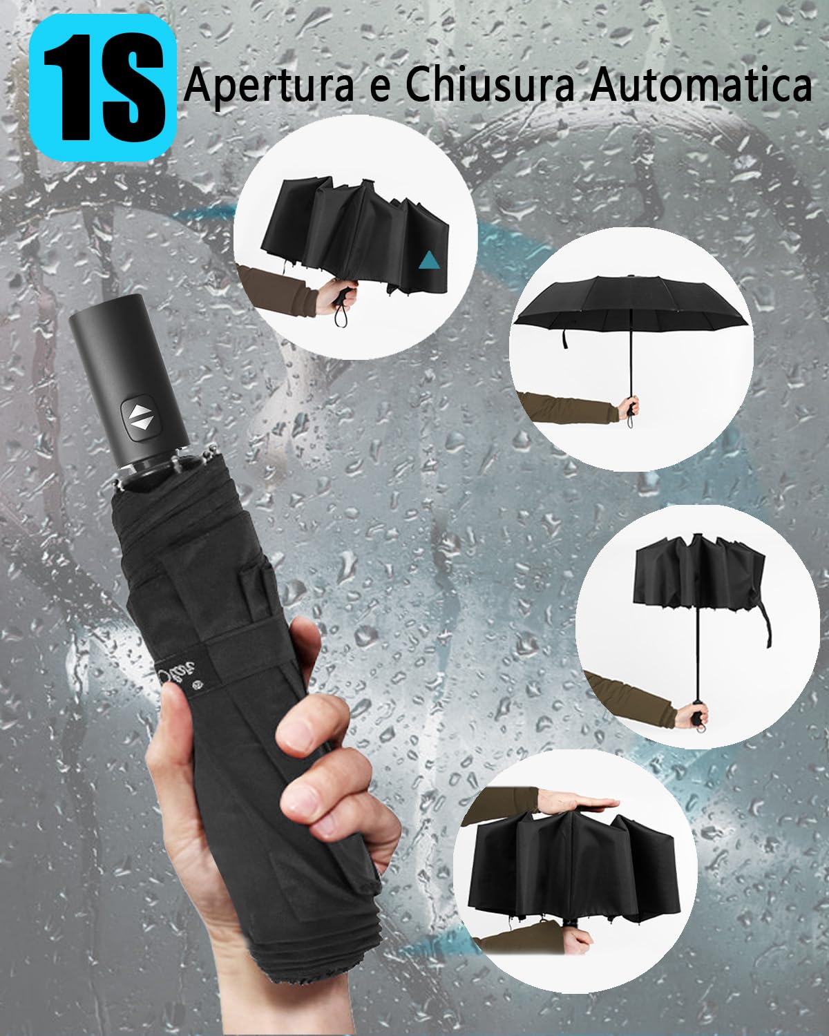 HW CASA Ombrello Pieghevole Antivento,apertura chiusura automatico,105 CM ombrello grandecon 8 Nervature in Lega di Fibra di Vetro,Compatto e Portatile ombrello automatico