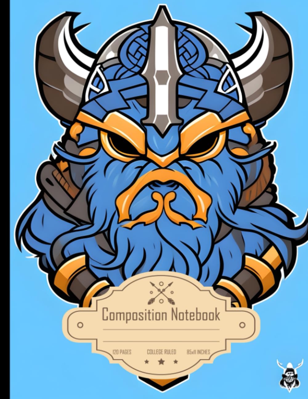 Composition Notebook College Ruled: Viking Mascot Aggressive Face Esport, 2D Vector, 3 Color Blue, Size 8.5x11 Inches, 120 Pages