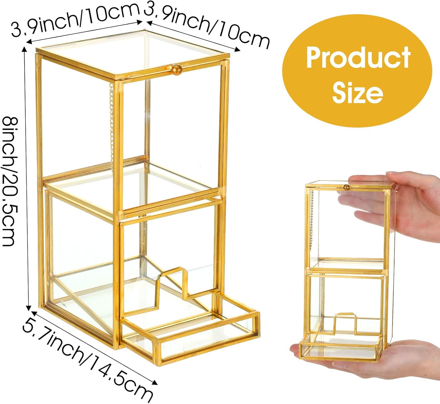 Glass Qtip Holder with Lid, Elegant Glass Q Tip Holder for Bathroom Countertop Organization, 2-Tier Cotton Ball Swab Dispenser with Gold Frame Makeup Pad Cosmetic Storage Case for Vanity Dresser