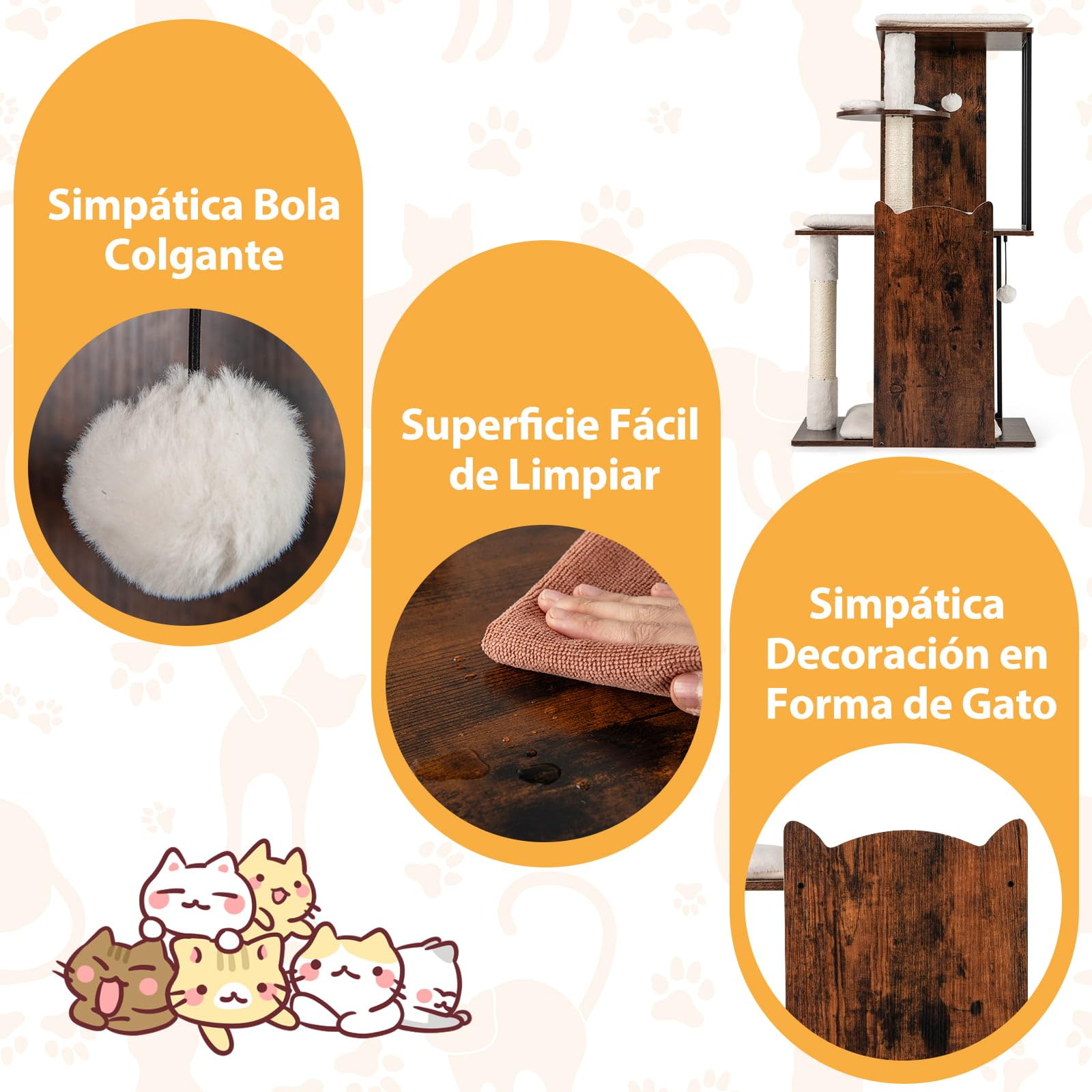 GYMAX Árbol Rascador para Gatos de Madera 112 cm, Torre para Mascotas de 4 Niveles con 4 Plataformas Diferentes, Rascador de Sisal y 2 Bolas Colgantes, Centro de Actividades con Cojines Extraíbles