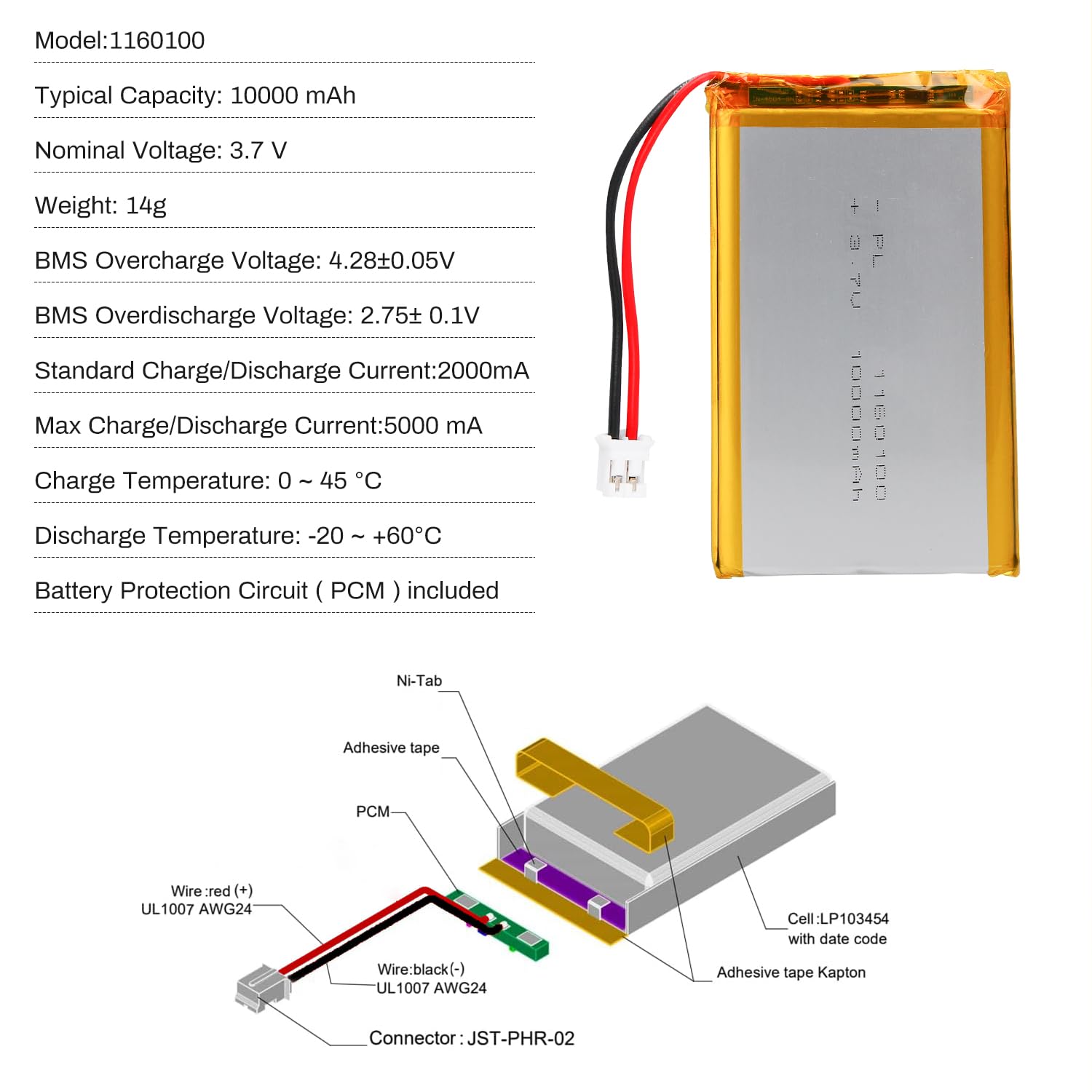 Batería LiPo 3,7V 10000mAh 1160100 con cable JST – Batería de polímero de litio recargable para altavoces Bluetooth, proyectos DIY y dispositivos electrónicos