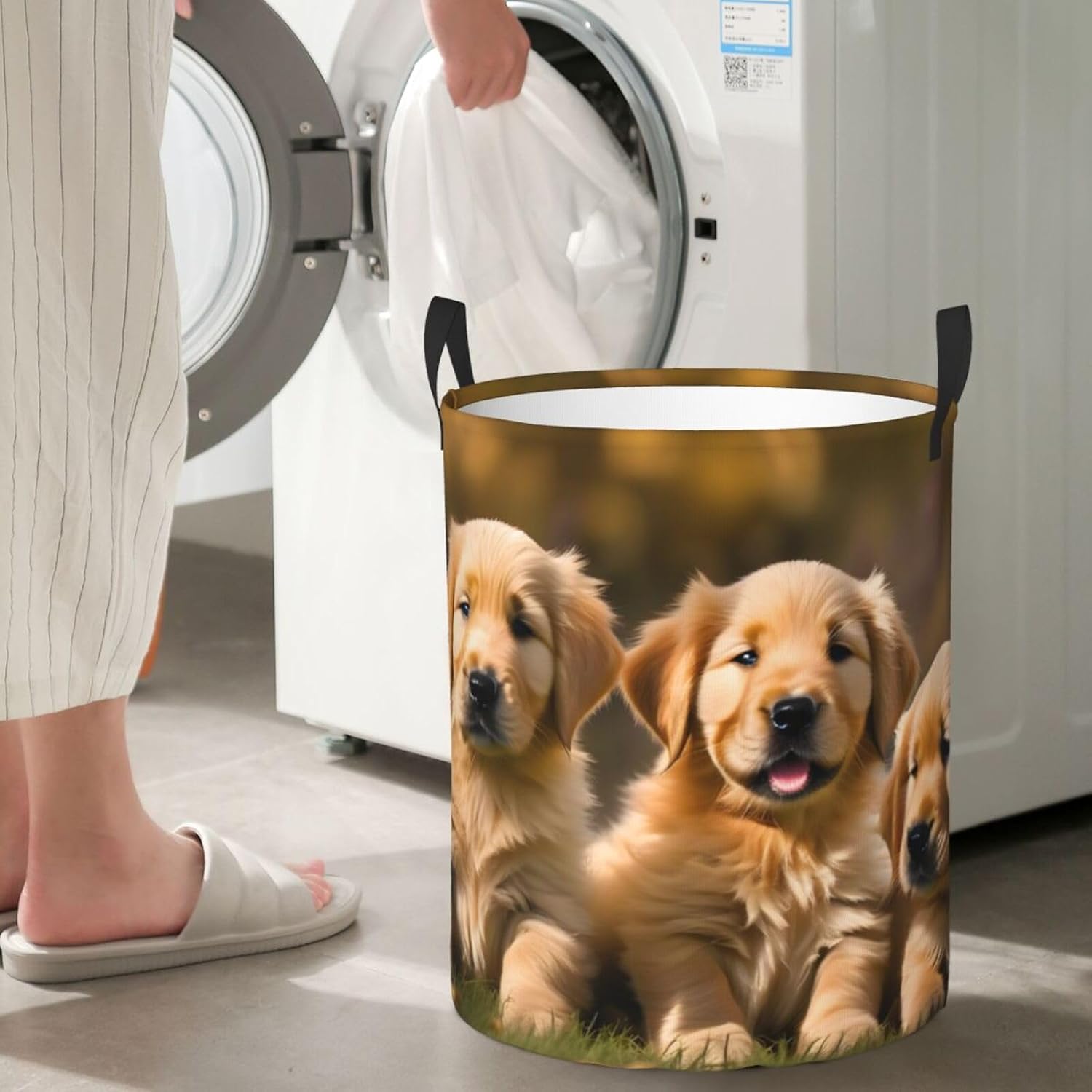 Golden Retriever Dogs Puppies Pets Print Circular Protable Storage Bin,Basket For Laundry Hamper With Handles Bedroom Clothes