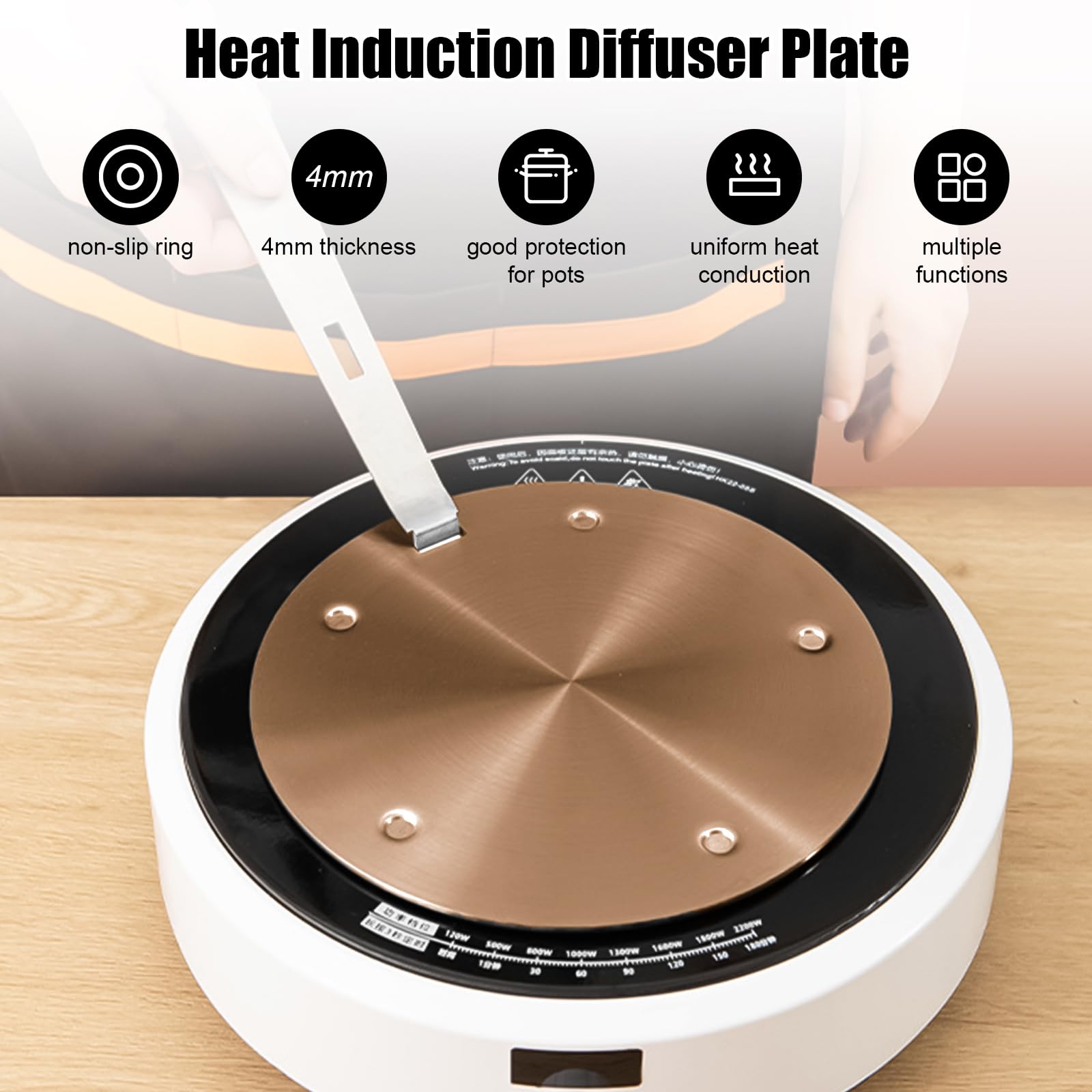 BigKing Piastra di Diffusione di Calore 16cm, Adattatore di Induzione, Disco convertitore di Piastra di Cottura a Induzione con Maniglia Rimovibile Isolante (Oro rosa)