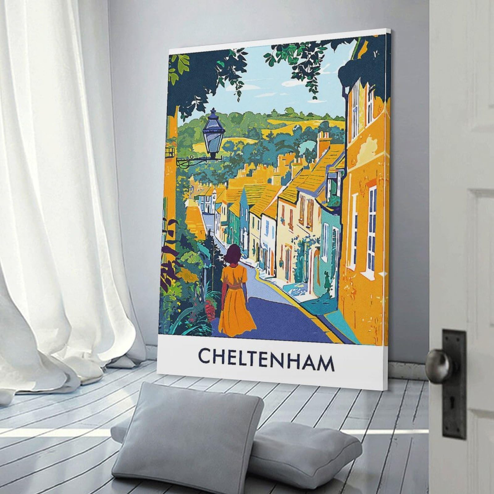 Junmoney Cheltenham Town Illustration Canvas Art Print 16x24inch(40x60cm), for Front Hall, Corridor Or Welcome Spaces, Home Artwork for First Impressions