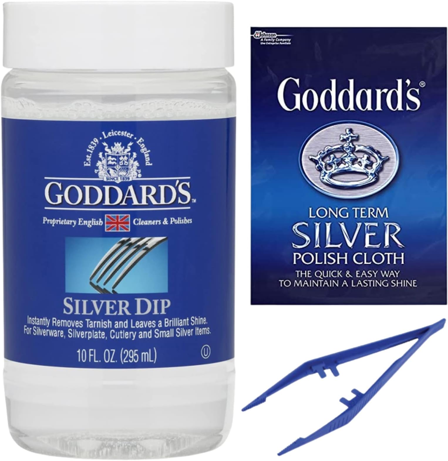 Silver Dip Cleaner Polishing Bundle with Silver Dip 295ml, 1x Long Term Silver Polish Cloth, CHG Tweezers - Tarnish Remover Jewellery Cleaning Bath to Restore Shine Clean Silverware
