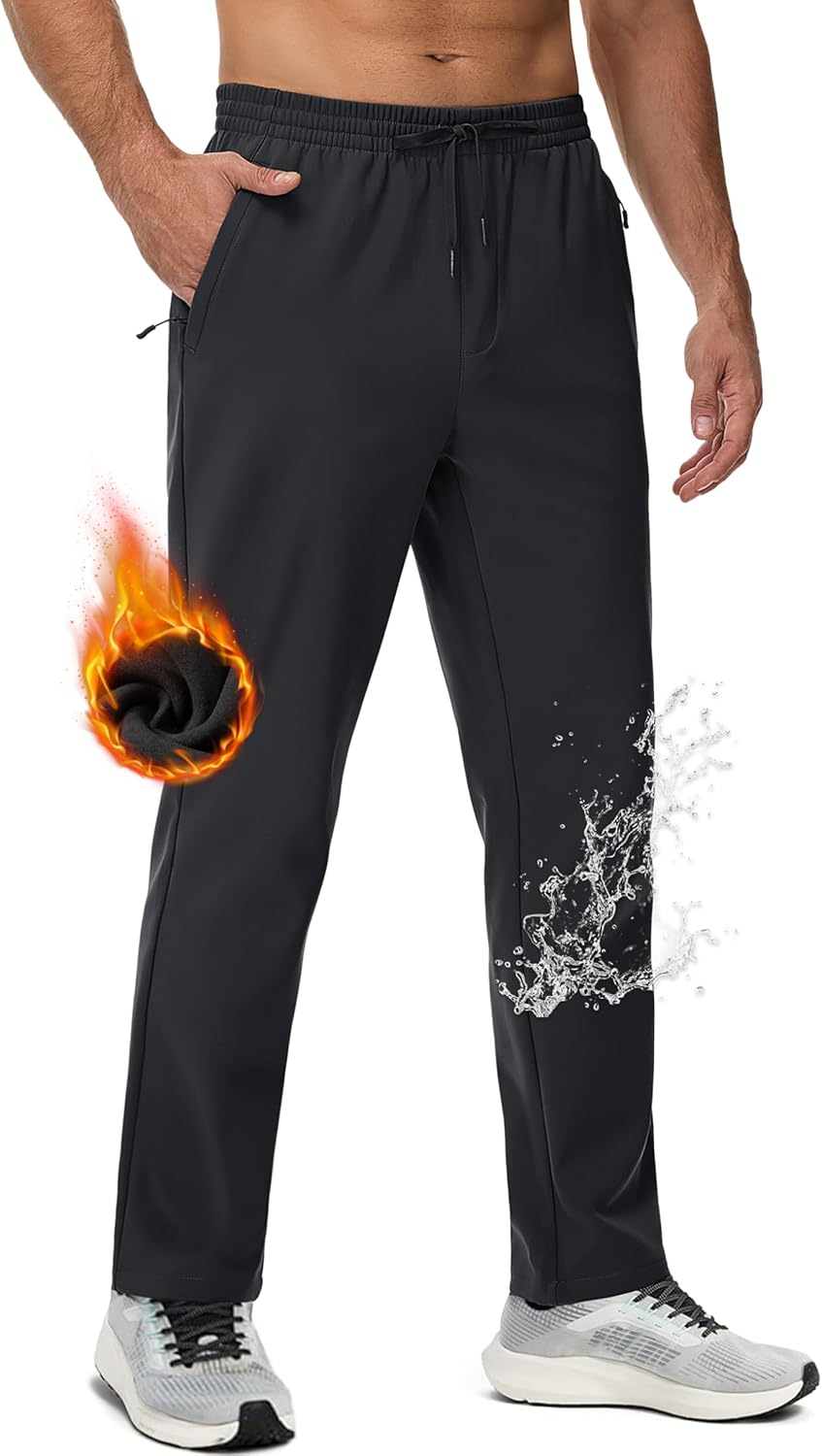 MAGCOMSEN Men's Fleece Lined Sweatpants with Zipper Pockets Athletic Workout Running Winter Water Resistant Pants