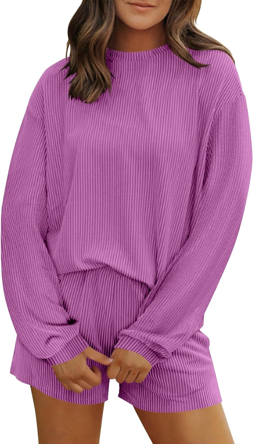 2 Piece Sets for Women Sweatsuit Casual Tracksuits Long Sleeve Tops and Shorts Lounge Outfits Solid Color Fashion Sets