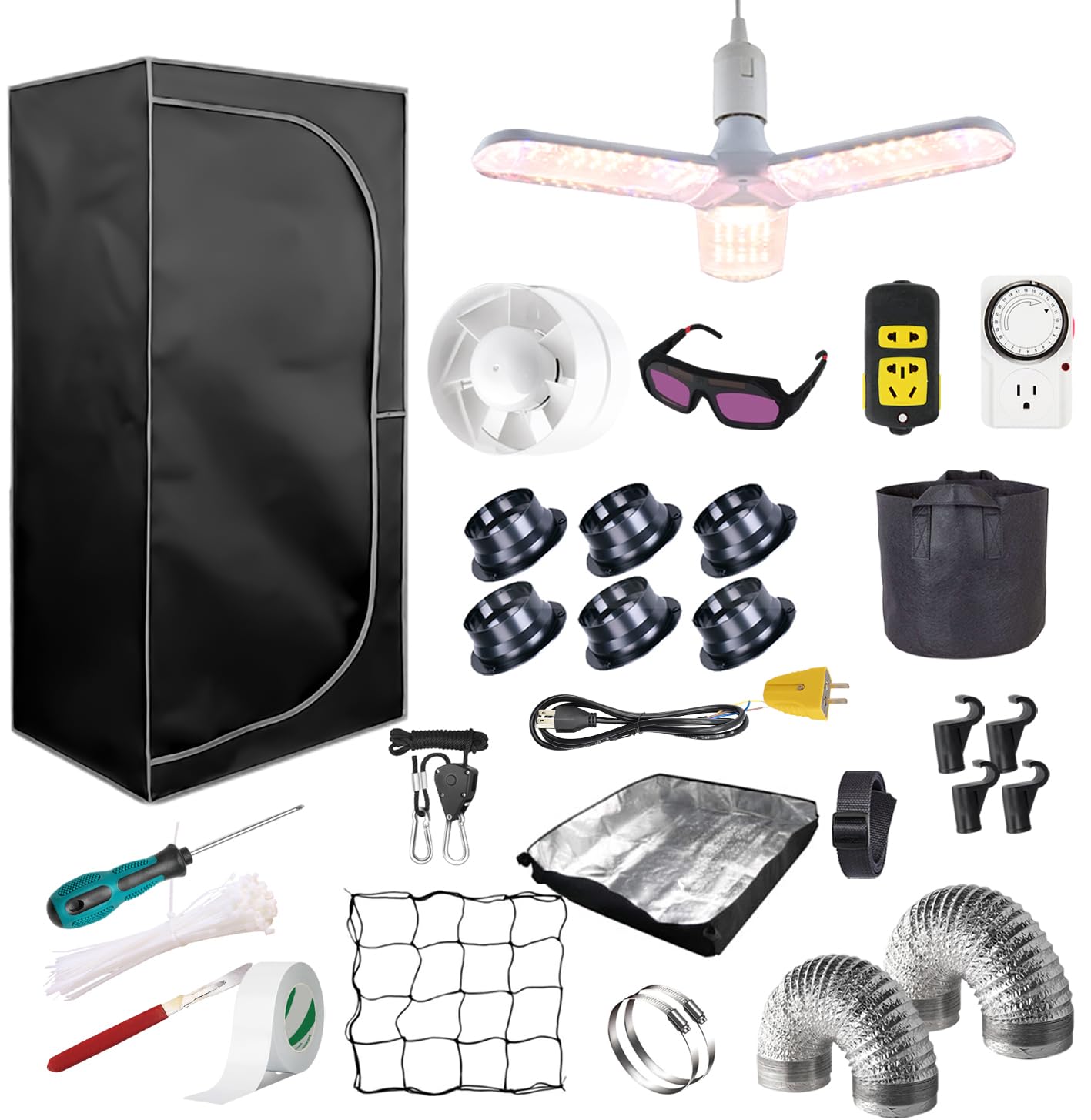 Complete Mylar Growing Tent 2x2 Grow Tent Kit 24"x24"x55" Indoor Plant Growing Room LED Full Spectrum Grow Light Ventilation Inline Fan + Acceseries