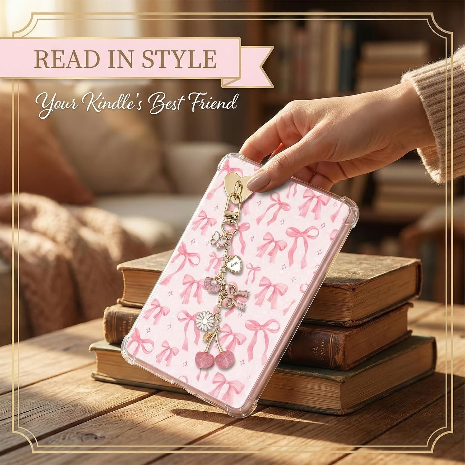 4PCS Cherries Bow Charms for Kindle - Gold Retro Chains with Type C Dust Plug, Charm for Readers Booklovers Women Men, Compatible for E-Reader Phones Paper White