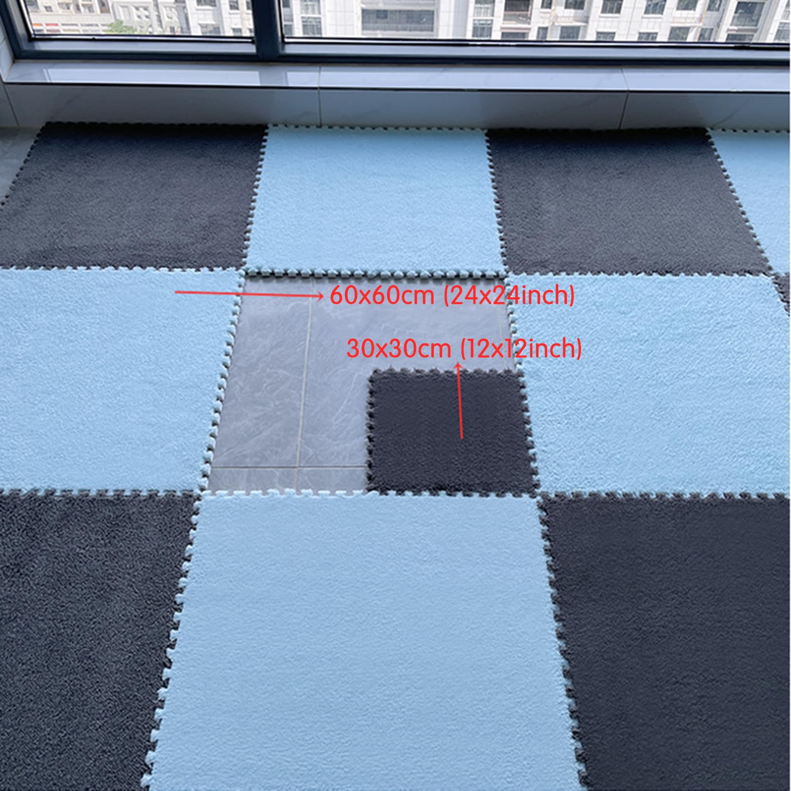 Splice Interlocking Carpet 18 Tappetini in Schiuma di Peluche, Tappetini Puzzle in Schiuma ad Incastro Quadrati, Piastrelle per tappeti Soffici, per la Decorazione della,White+gray-60x60cm