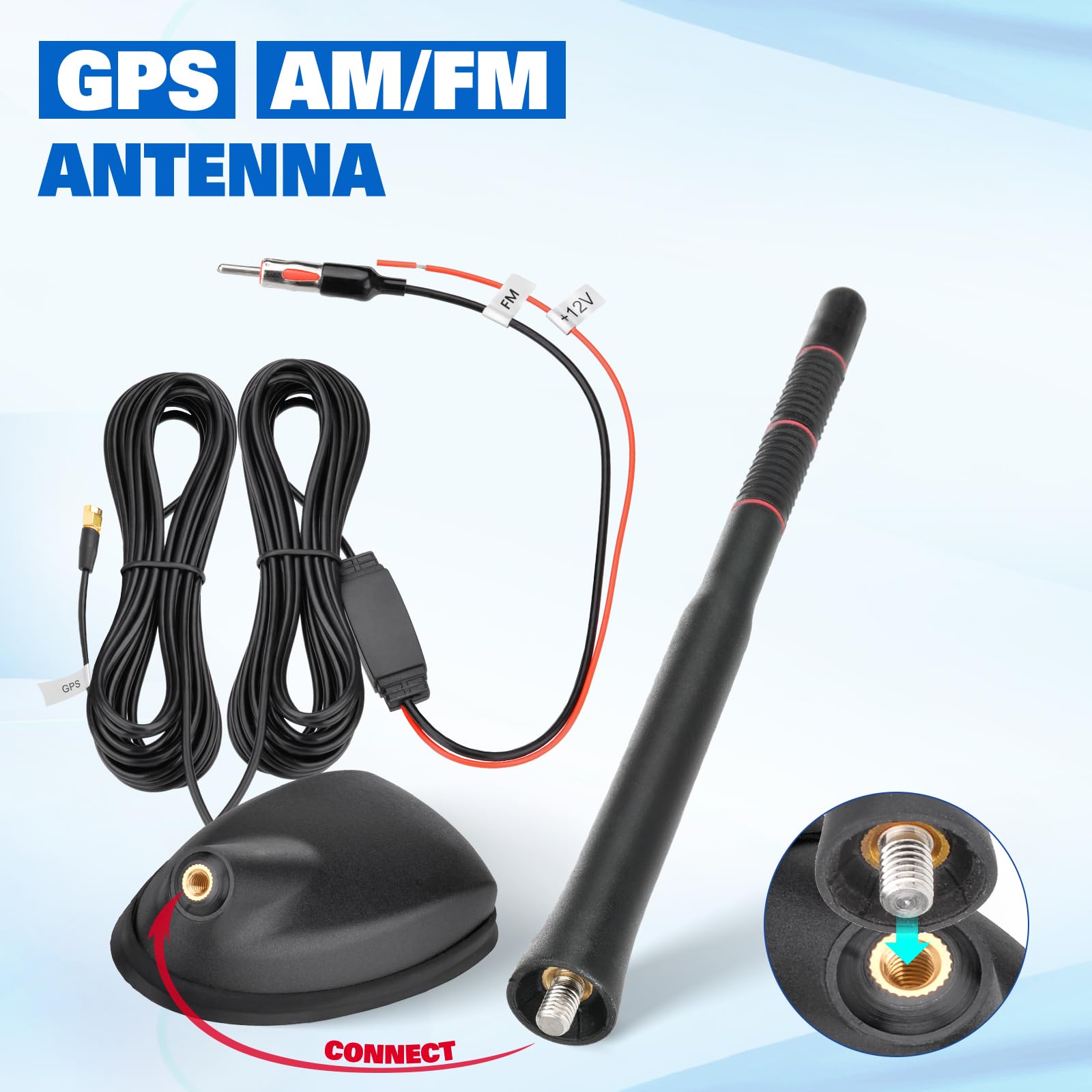 Eightwood Antenne de Toit GPS FM/AM Antenne autoradio Active avec amplificateur Câble d'extension de 5 m pour Tuner Radio numérique Pioneer Blaupunkt Pioneer Clarion Kenwood Alpine