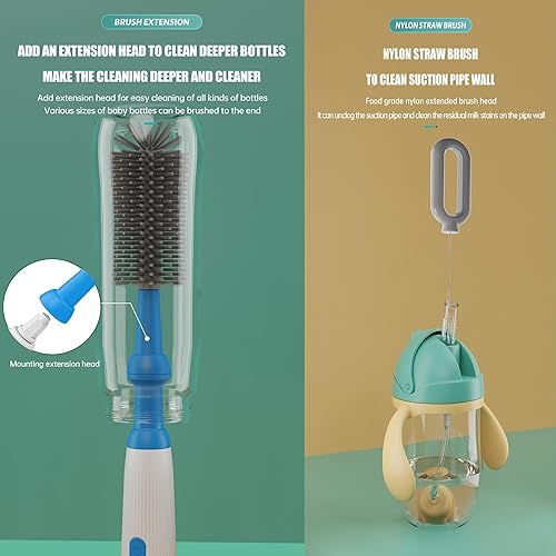 Miniatura 3 de Juego de cepillos eléctricos para biberón de 4 piezas, cepillo para biberón, 2 cepillos para pezones, cepillo para popote y mango de extensión,