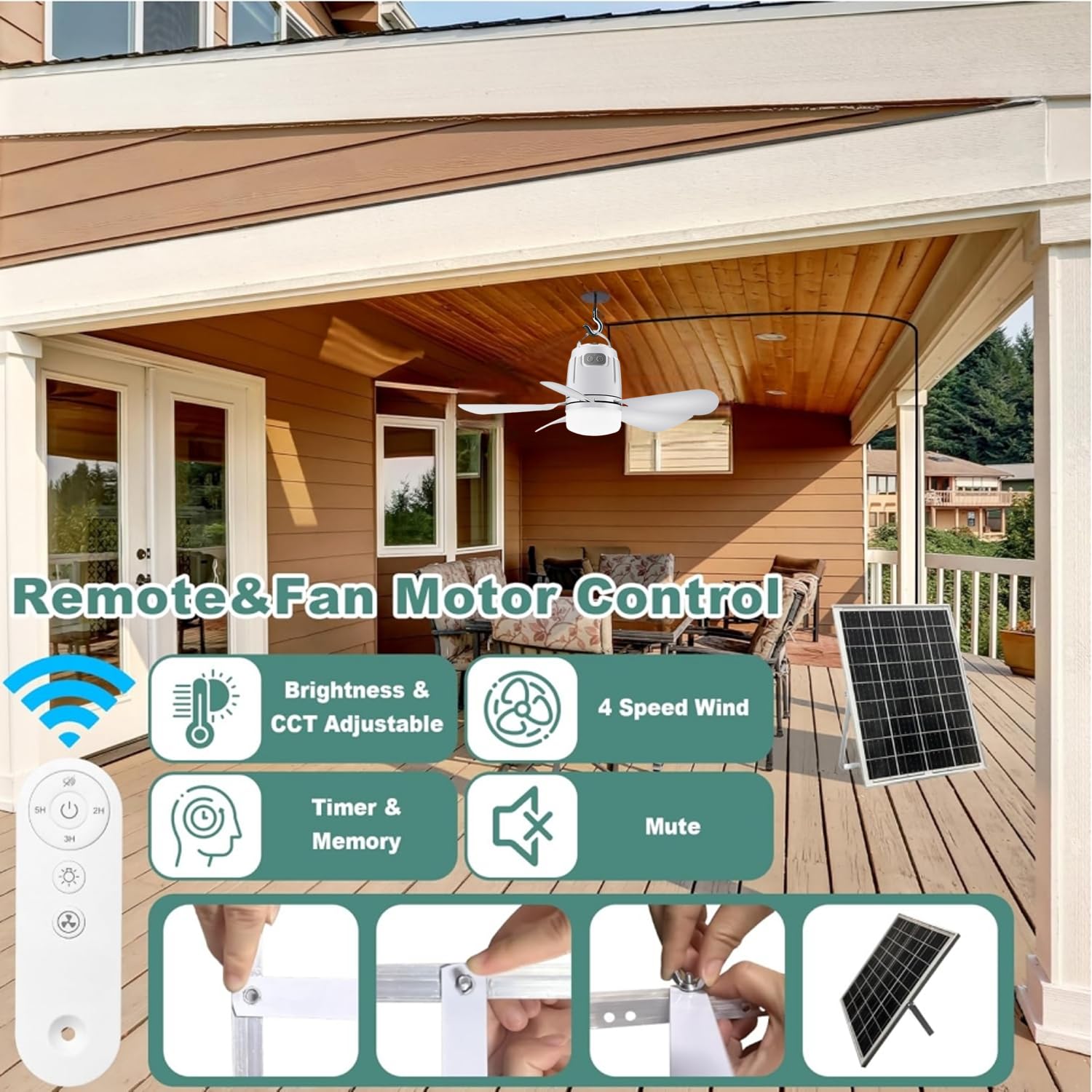 Solar Deckenventilator mit Beleuchtung Akku 20000mAh Ventilator mit Deckenleuchte LED Dimmbar Ventilatorlicht mit Fernbedienung Aufhängehaken Fan Deckenlampe für Terrasse Balkon Schirm Garten Outdoor