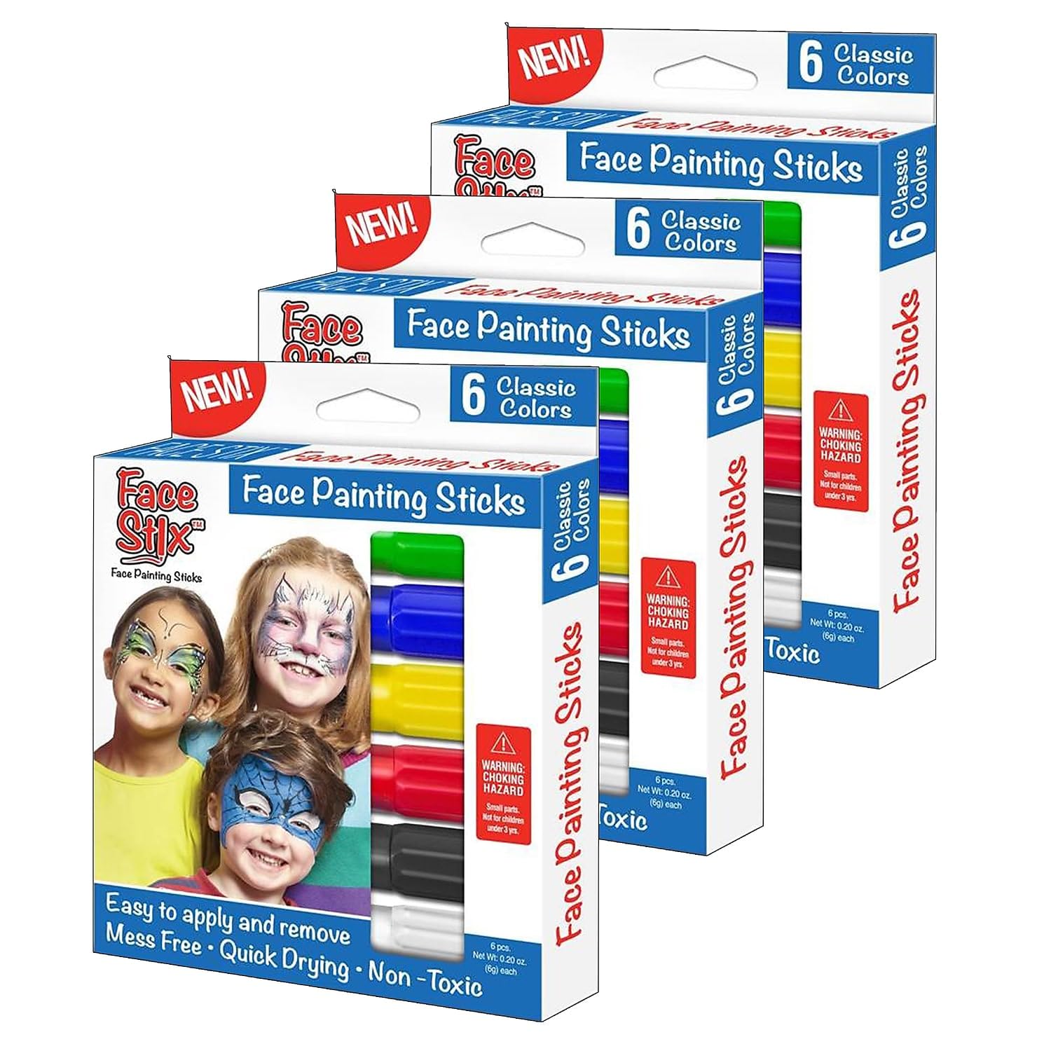 The Pencil Grip Face Stix Face Painting Sticks, 6 Classic Colors Per Pack, 3 Packs (TPG633-3)