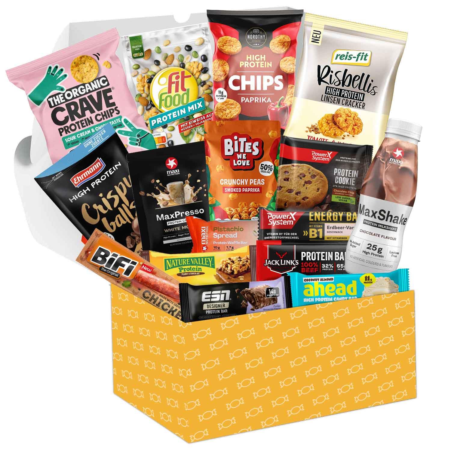 World of Sweets Protein-Box – Proteinreiche Snack-Mischung mit Riegeln, Chips, Cookies und Drinks – Fitness-Snacks zum Probieren und Genießen