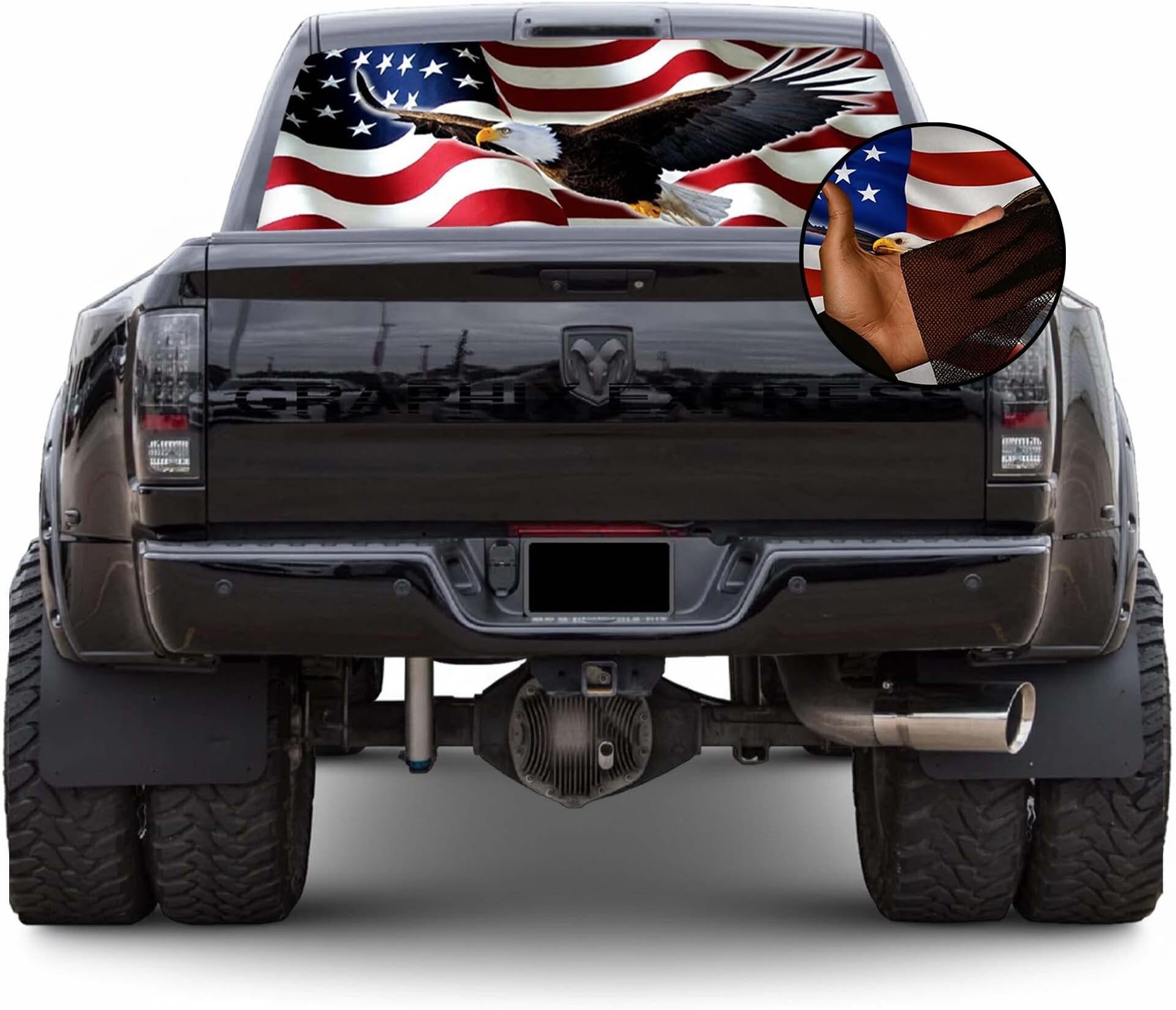 GRAPHIX EXPRESS Truck Back Window Graphics (P325) Bald Eagle American Flag | Universal See Through Rear Window Decals for Vehicles | Cool USA Flag with Eagle Automotive Decals for (Ram) Trucks