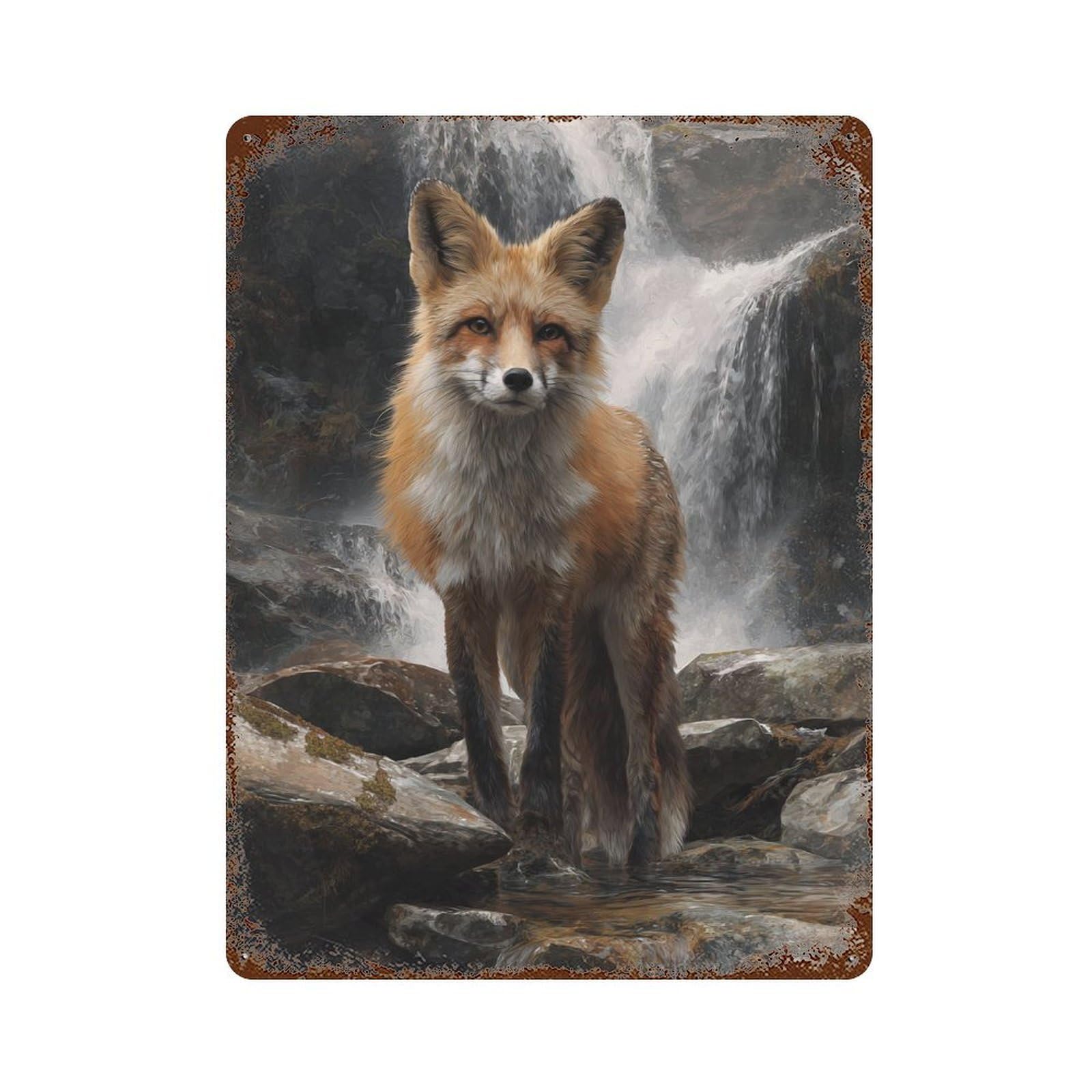 Fox by Waterfall Painting 15.7"x11.8" Weathered Tin Sign, Shabby Chic Decor for Farmhouse, Kitchen And Entryway Decor