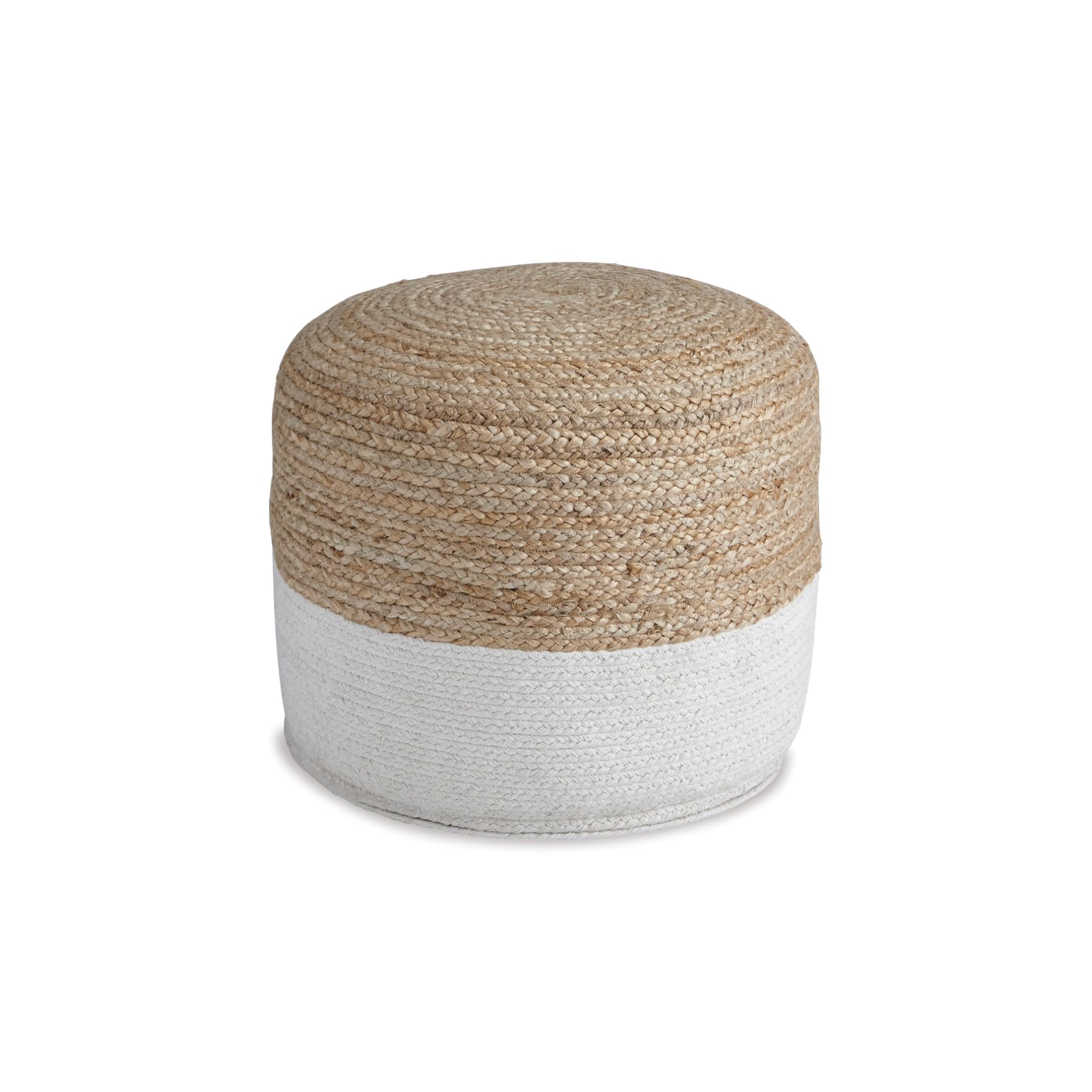 Signature Design by Ashley Sweed Valley Jute & Cotton Pouf, 19 x 19 Inches, Beige & White