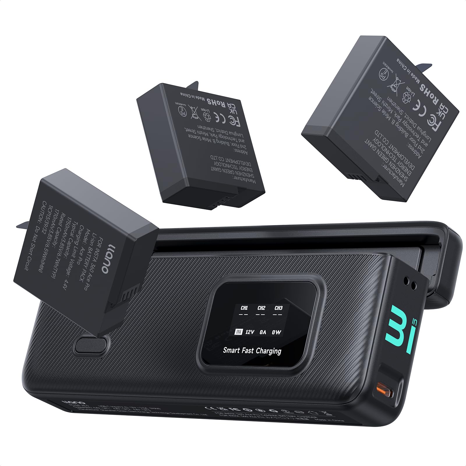 Photo 1 of llano AC3 30W Fast Camera Battery Charger Hub with 3 Pack 1950mAh Replacement Ace Pro 2 Batteries for Insta360 Ace Pro 2/AcePro/Ace Action Camera, Triple Slot PD Charging, LED Display