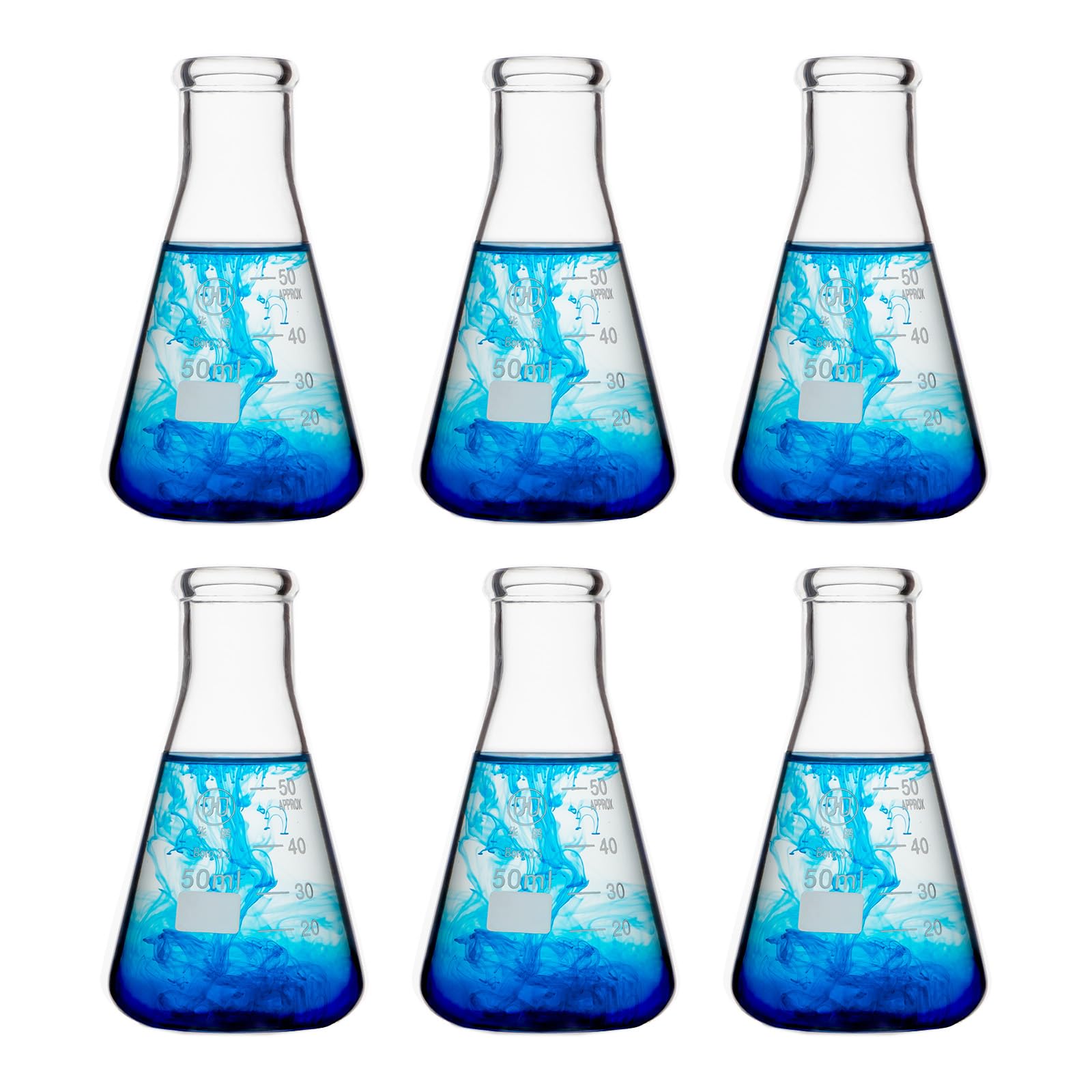 50ml Glass Erlenmeyer Flask Set, Narrow Mouth Graduated Flasks, 3.3 Borosilicate Glass, Ideal for Laboratory, Classroom or Home Use, HUAOU, Pack of 6