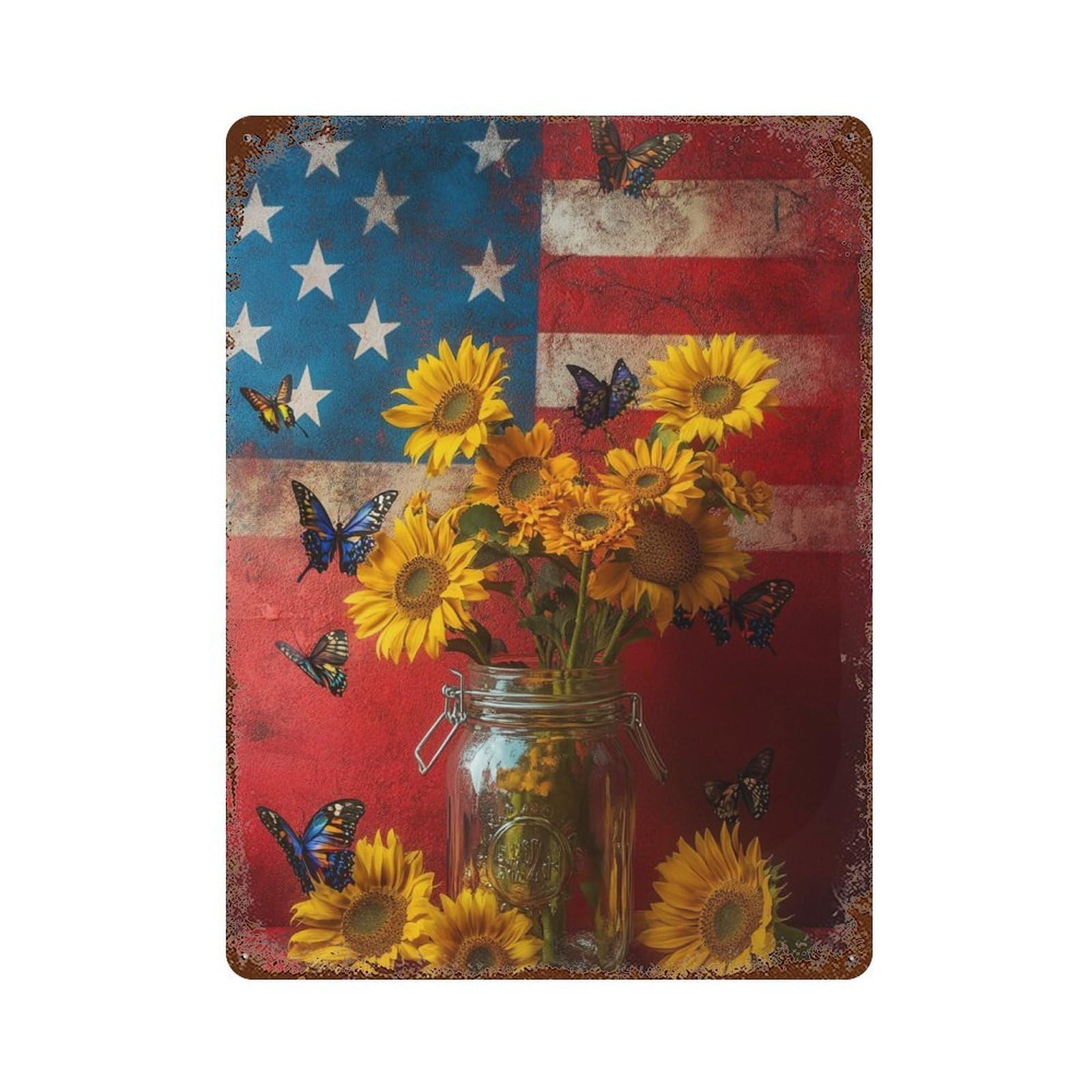 American Flag Sunflowers Butterflies Rustic Tin Plaque 15.7"x11.8", Rustic Home Decor for Office, Studio And Wall Decor