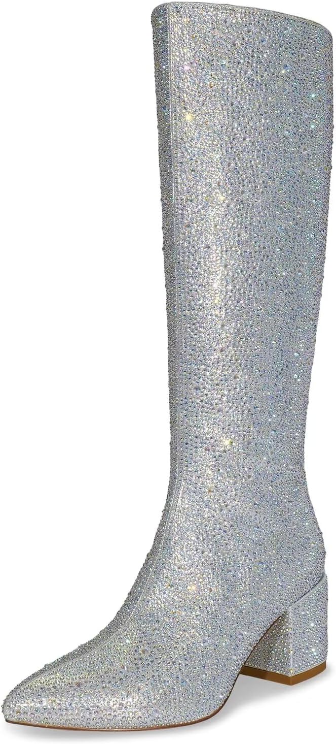 Rhinestone/PU Low Chunky Pointed Toe Knee High Boots for Women with Full Bling Sparkly Crystals Booties for Wedding Party Date Dress