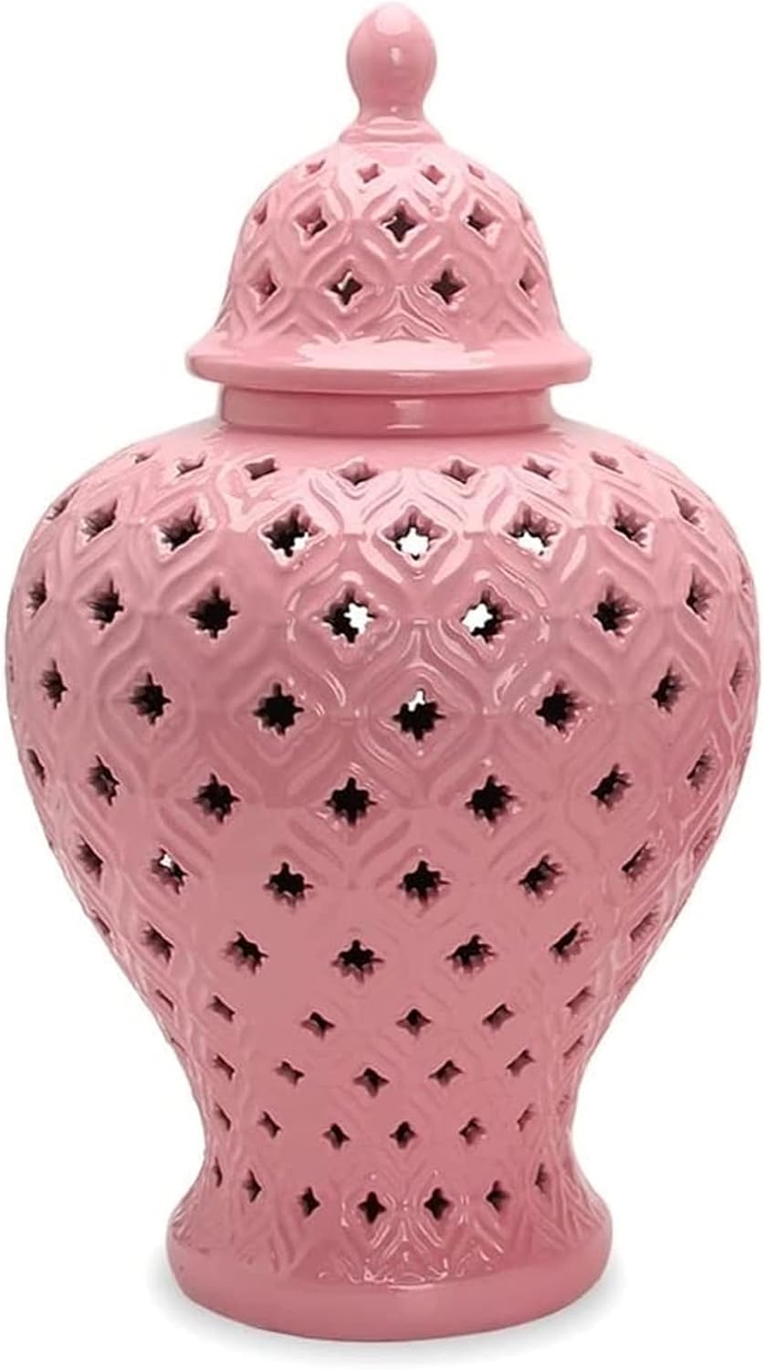 Pink CutOut Ginger Jar with Lid, Porcelain Ceramic Decorative Jar Vase, Cute Carved