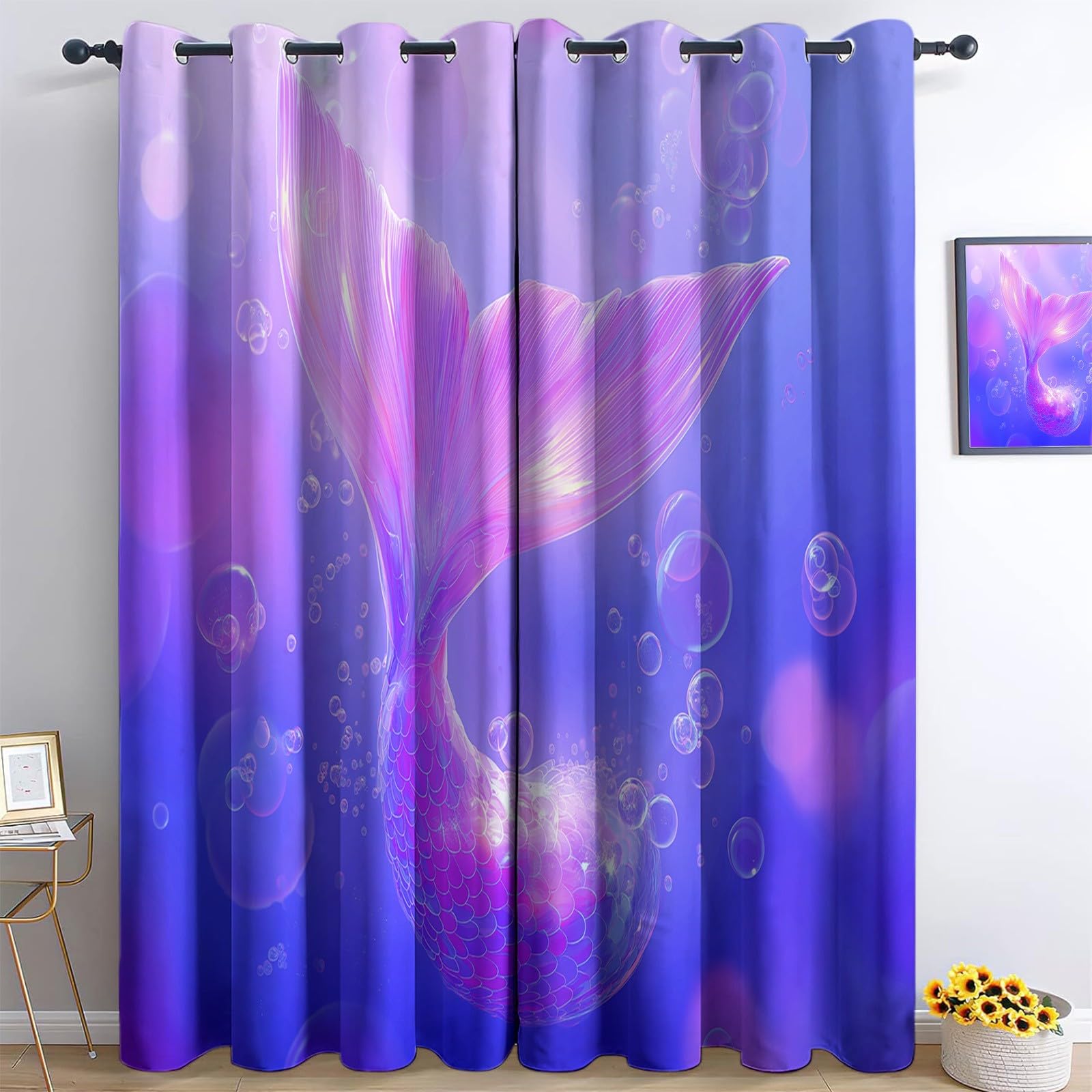 Générique Rideau Occultant pour Chambre d'enfants Fantaisie Dégradé Sirène 110 X 215 Cm (Lxh) 2 Pièces pour Maison Chambre Salon, 3D Impression Rideaux, Lavable en Machine Protection De Privée Violet