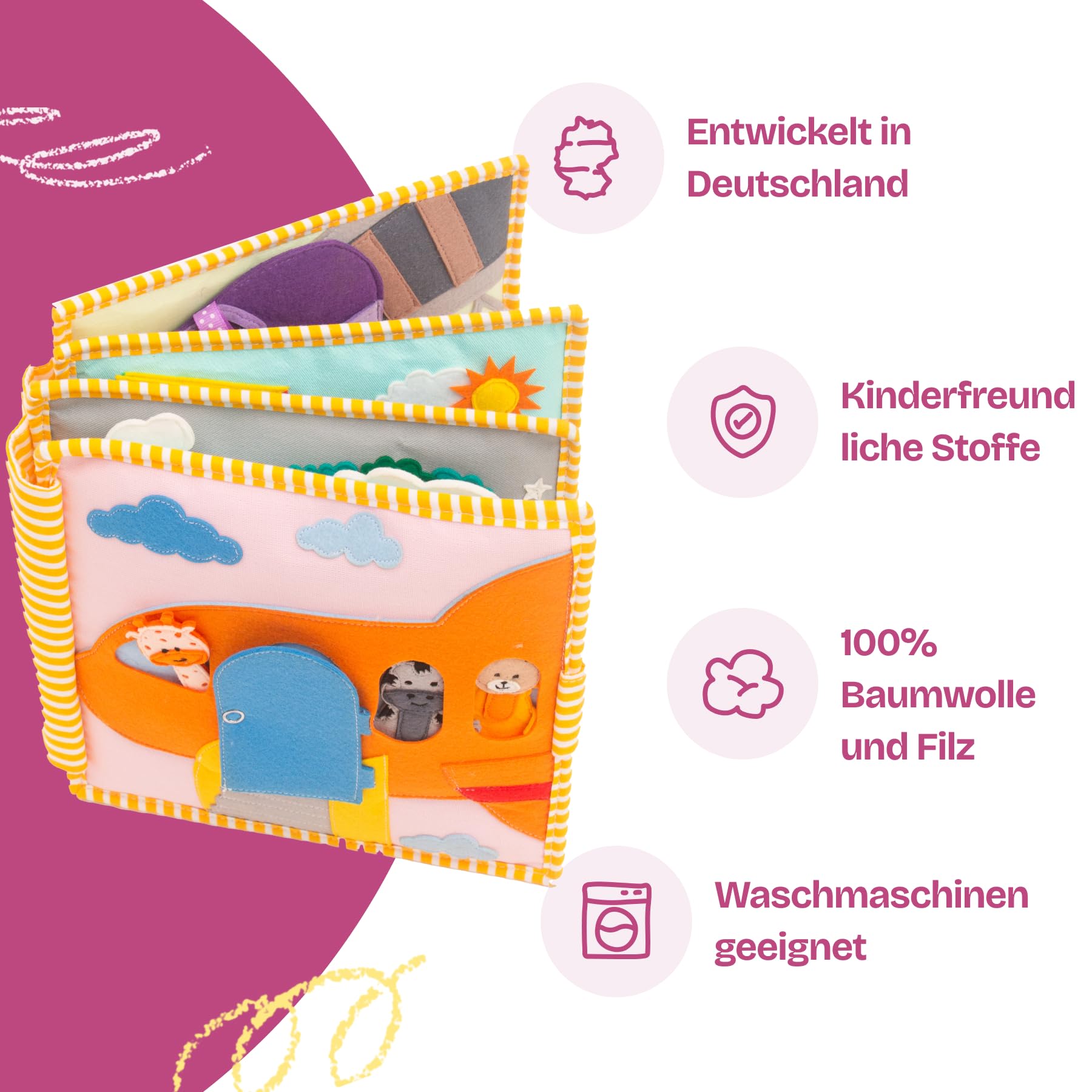 Jolly Designs – Globetrotter - 6 Seiten Quiet Book – Montessori Spielzeug ab 2 Jahren – Motorik & Sensorik fördern – Handgefertigtes Filzbuch – Lernspielzeug für Kleinkinder – Busy Book für unterwegs
