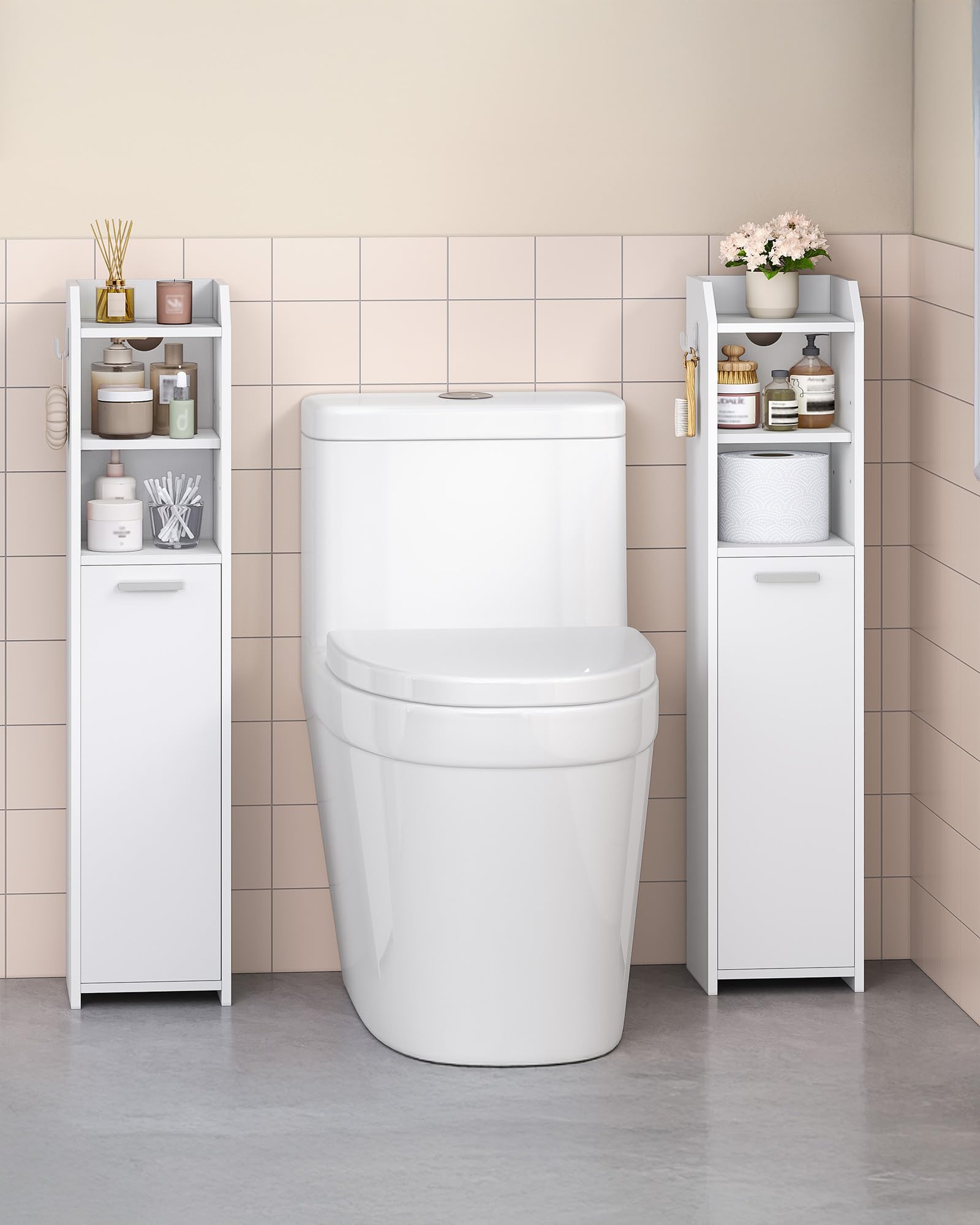 Hzuaneri Mueble de Baño, Armarios Baño Estrecho con Gancho, Estantes Ajustables, Espacio de Almacenamiento Abierto, para Espacios Reducidos, Salones y Rincones, 20 x 20 x 90 cm, Blanco BC22903X