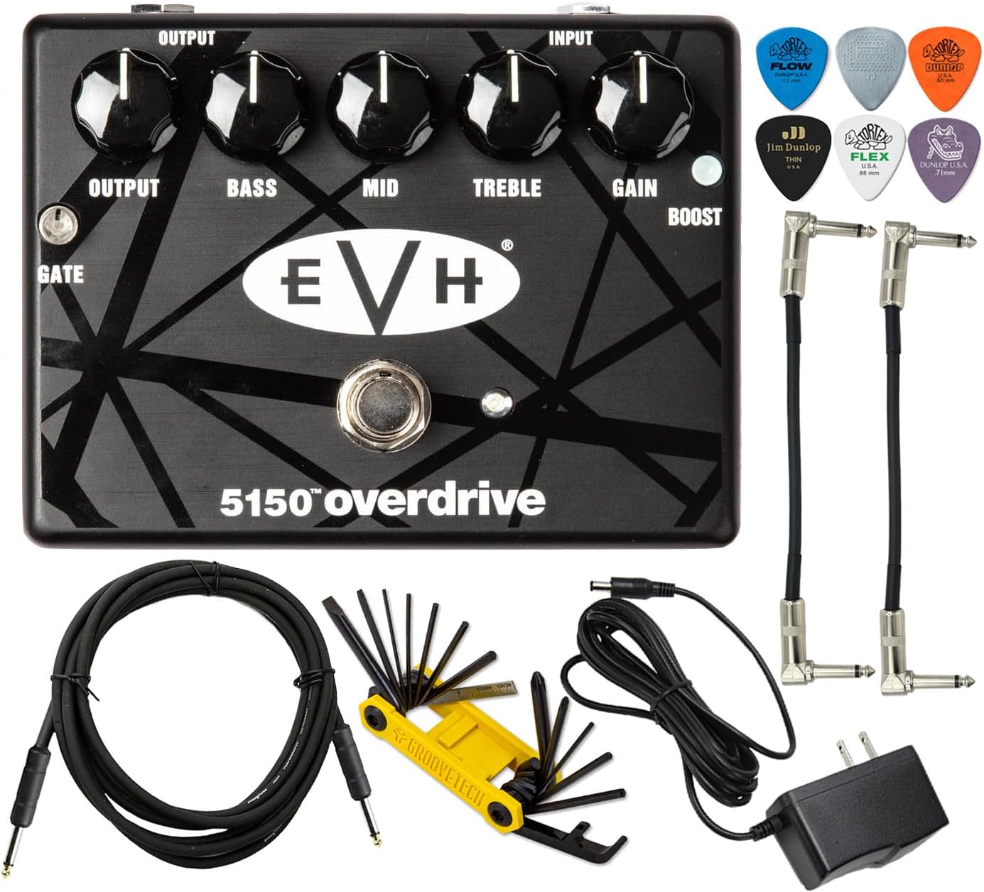 MXR EVH5150 Overdrive Distortion Electric Guitar Effects Pedal with Boost Switch and Noise Gate Featuring 1500mA 9V Adapter, Patch Cable, Multi-Tool, Picks Bundle