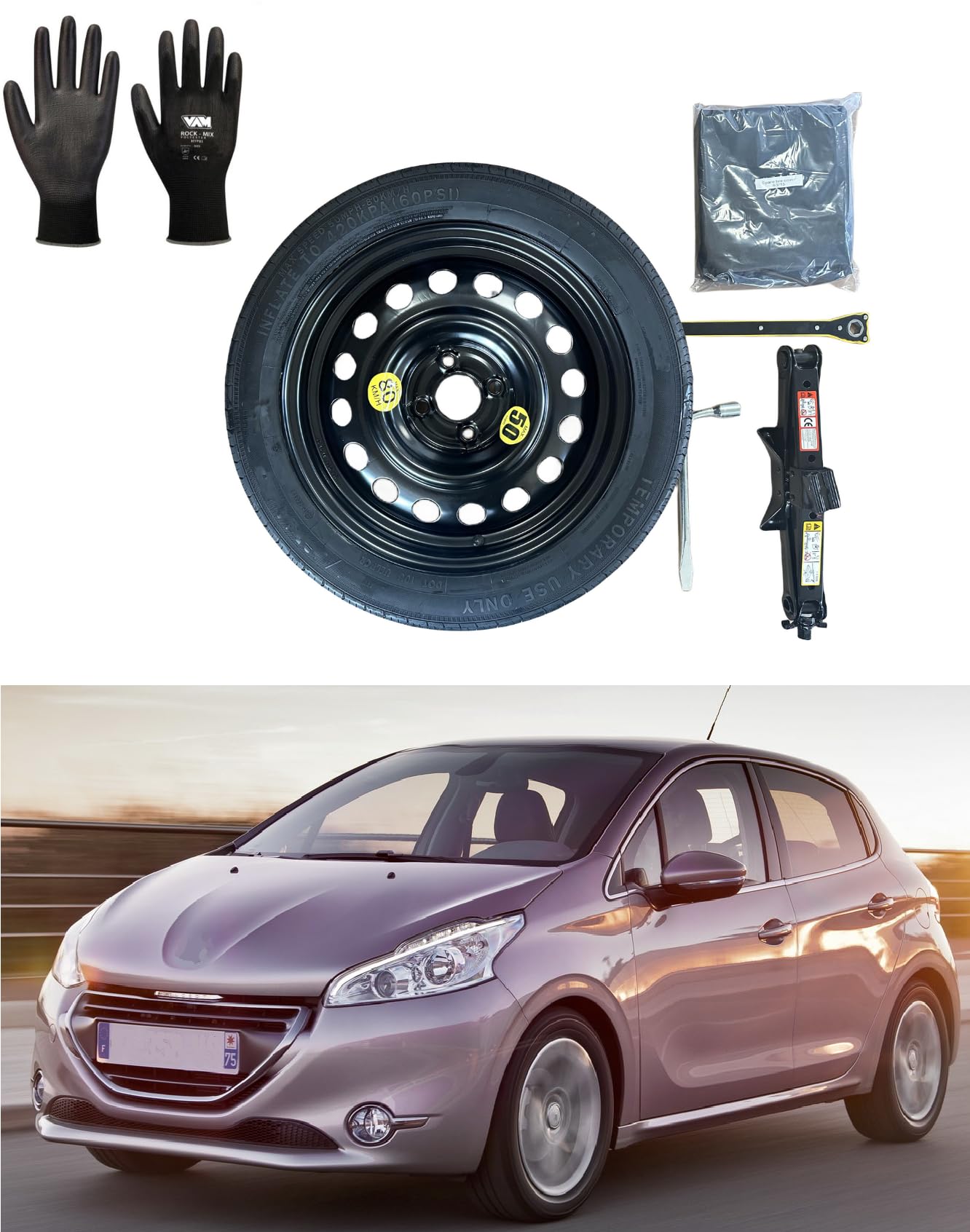 Kit Ruotino di Scorta 15" compatibile con Peugeot 208 con Cric, Chiave, Guanti e Sacca