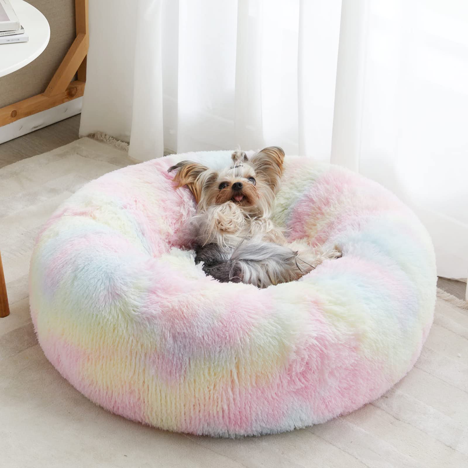 (SMALL TEAR) WNPETHOME Calming Dog Bed & Cat Bed, Anti-Anxiety Donut Small Dog Bed, Fluffy Faux Fur Cat Cushion Dog Bed for Small Dogs and Cats (24 x 24 x 8 Inch, Rainbow)