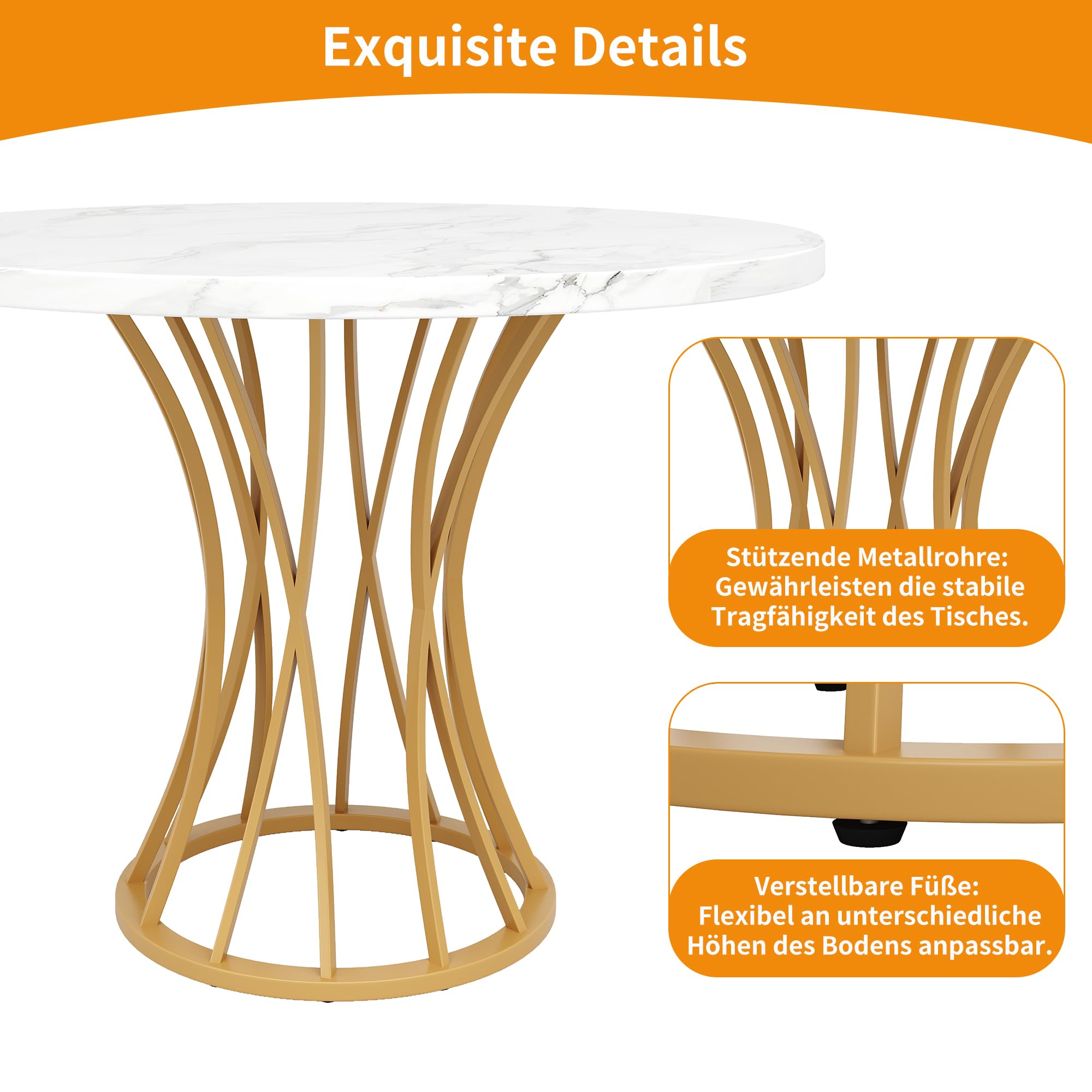 Merax Tavolo da pranzo rotondo 80 x 80 cm, bianco marmo, tavolo da pranzo per 2-4 persone, telaio in metallo, gambe regolabili, design industriale, adatto per ristoranti, soggiorno, cucina, sala da