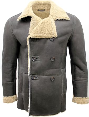 Mens Olive Khaki Double Breasted Real Sheepskin Pea Coat