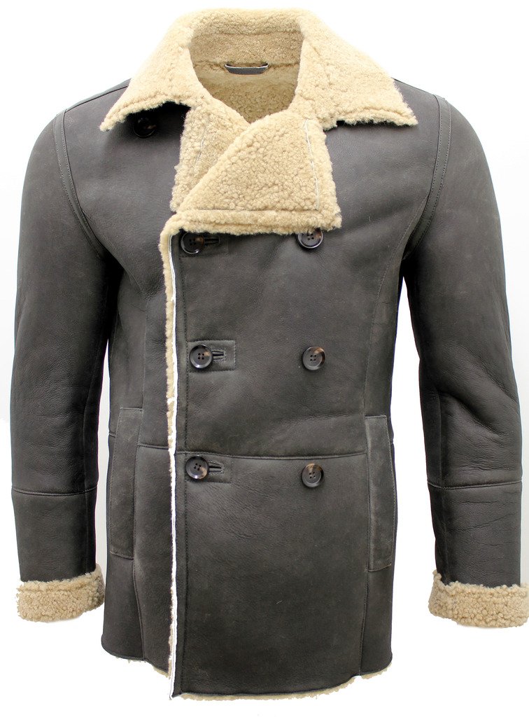 Infinity Leather Men's   Double Breasted Black Shearling Sheepskin Pea Coat-Valencia in Size XL, BrandAlley