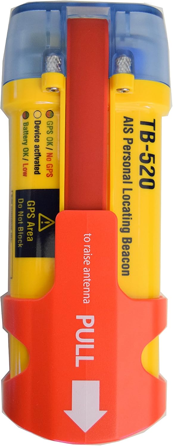 AMEC TB-520 AIS MOB Personal Tracking Beacon front view with labels for GPS, battery, and activation.