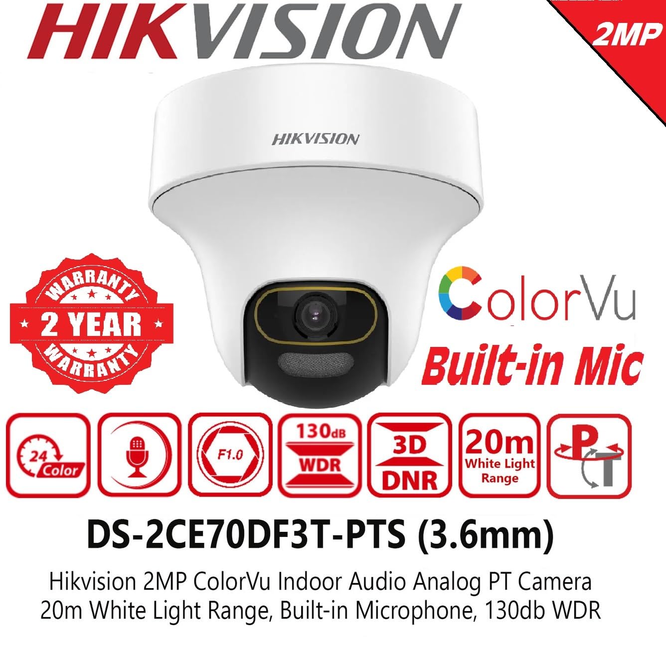 HIKVISION 2MP ColorVu Audio PT 360° Built-in Mic IR White Light with Solid Light Alarm Motion Detection 2MP HD Indoor CCTV Camera [DS-2CE70DF3T-PTS] for 2MP & Above DVR + BNC/DC, White — Amazon image 4