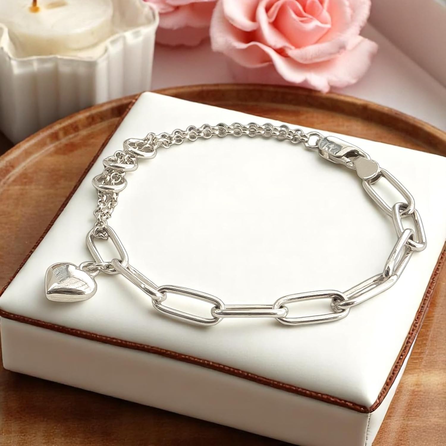 925 Sterling Silver Paperclip Bracelet for Women – Heart Charm Bracelet with Mixed Chain Design, Lobster Clasp, 7” 8” 9” Sizes – Gift Box Included