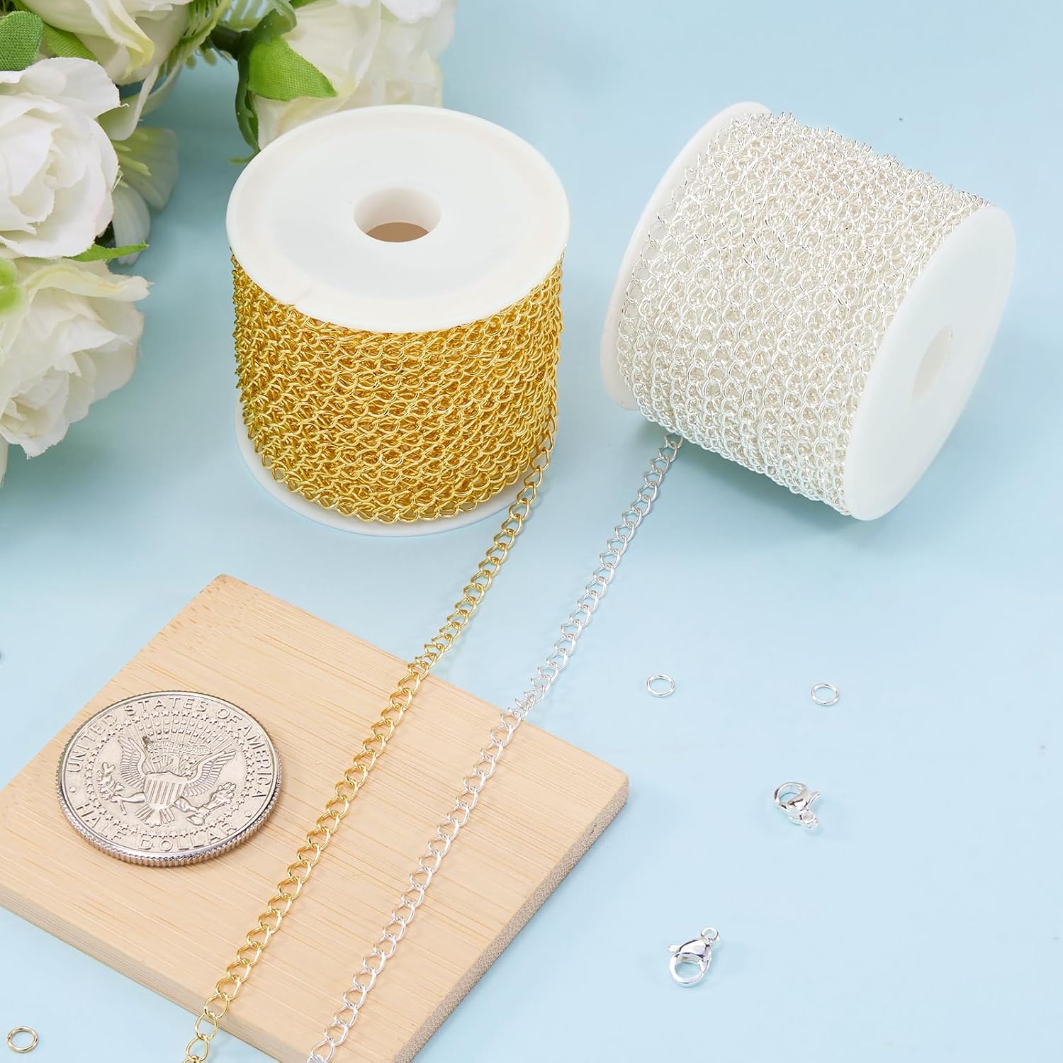 Kyutong 2 Rolls Gold and Silver Extender Chain for Jewelry Making 3MM Wide Curb Links Stainless Steel Necklace Chains Spool on Bulk with Lobster Clasps Jump Rings Jewelry Supplies for Crafts DIY - Image 5